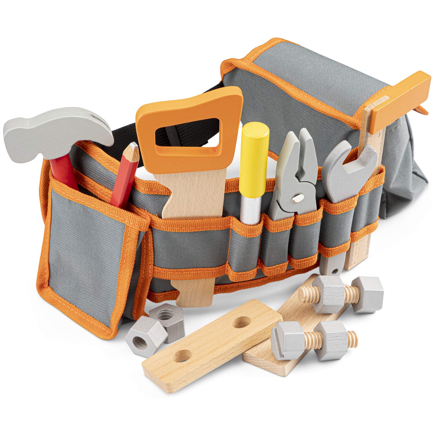 Woet® Orange Werkzeuggürtel Set für Kinder - Rollenspiel Handwerker - Mit Holzwerkzeug - Ab 3 Jahren