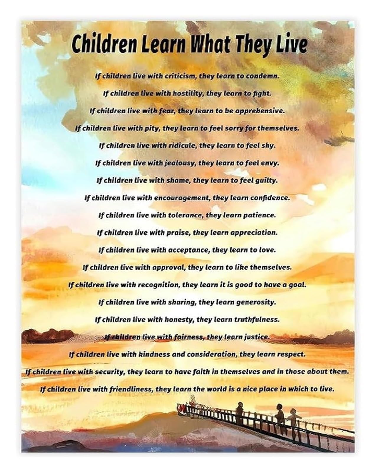 GYQYJPFZM Learn What They Live Poem For Parents Canvas Print Wall-Art For Home Nursery Classroom Decor(Framed,12x18inch(30x45cm))