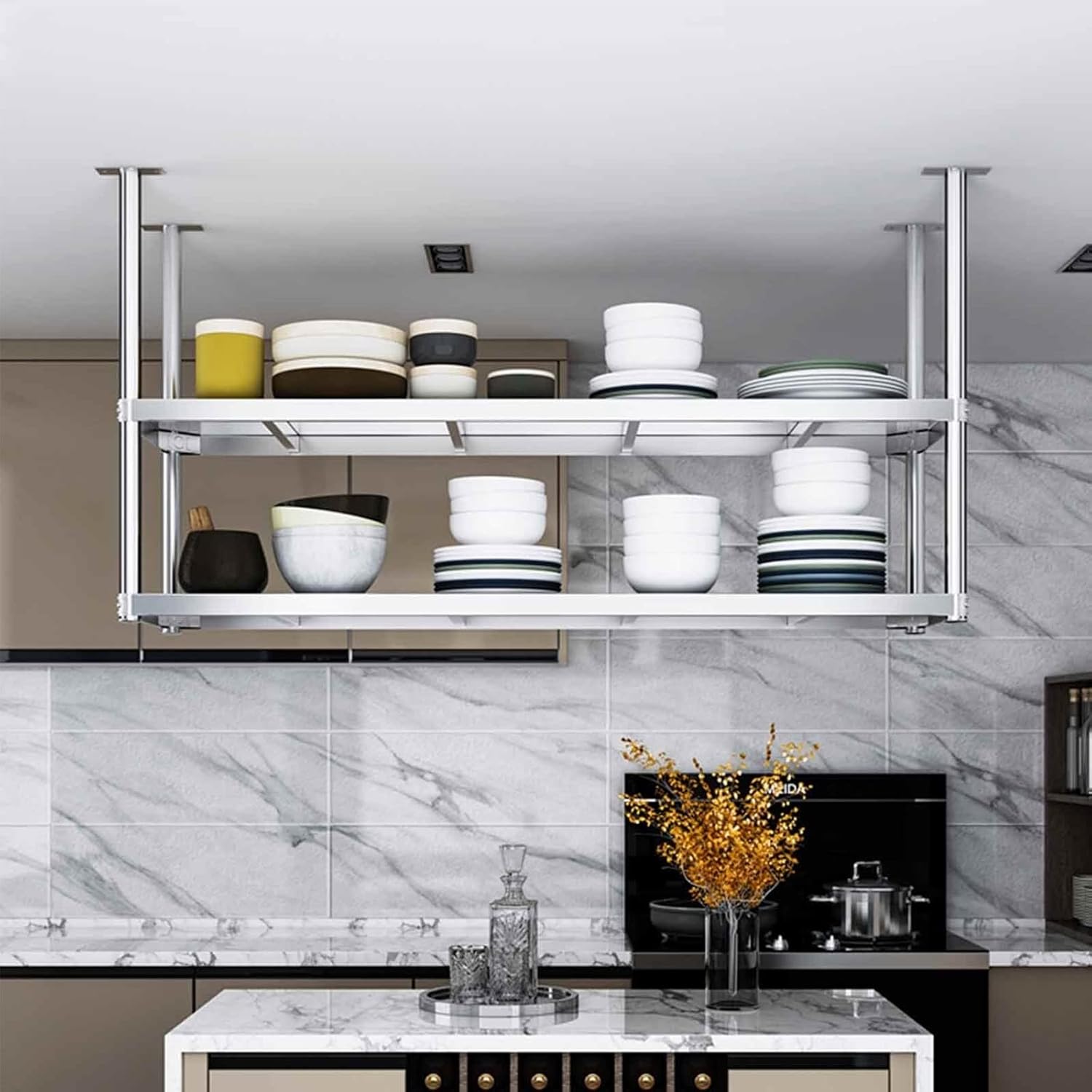 Ceiling Hanging Shelf Kitchen Pot Pan Rack, 2-Layer Ceiling Hanger Storage Shelving for Bar Cellar Garage Restaurant Ceiling Flower Stand Cookware Hanger (Size : 60x35x80cm)