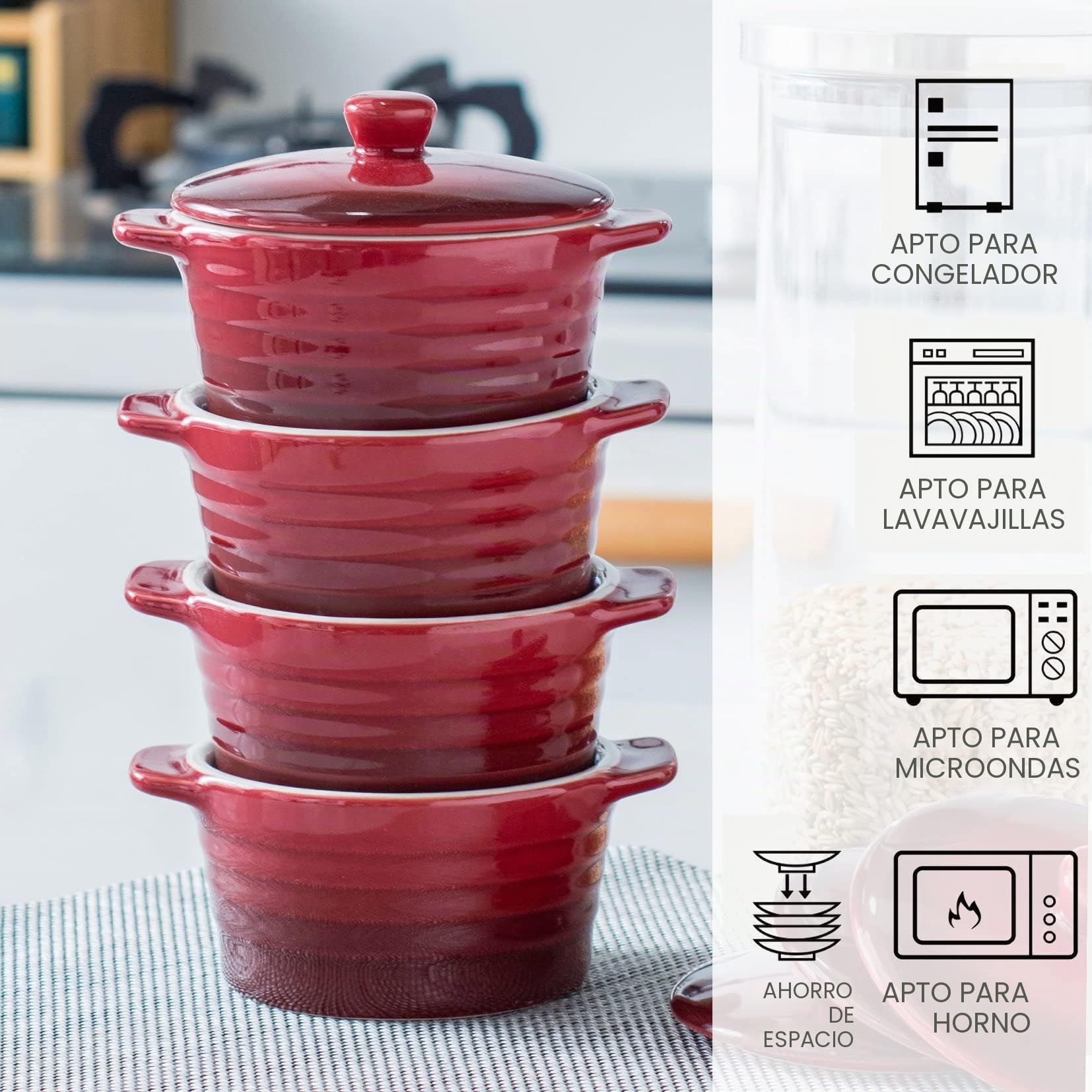 UNICASA set de 4 Moldes para Soufflé con Tapa 250ml, Cuencos para Postres, Ramekins para Hornear para Mermeladas, Helados, Postres