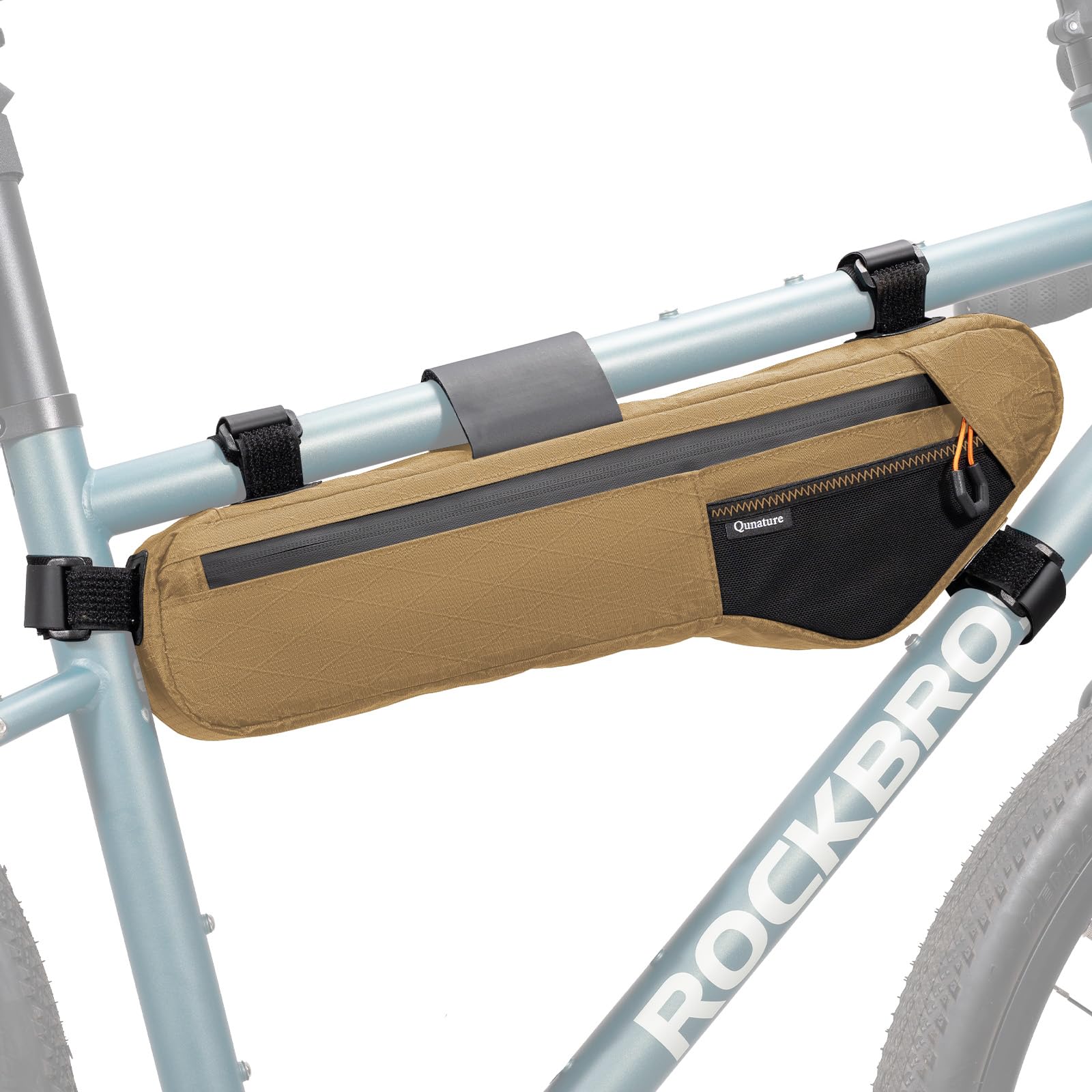 Qunature Waterproof Bike Frame Bag, 4.2L Frame-Mounted Tool Storage Bag with External Pocket & Hydration Hose Port, for Gravel & MTB Khaki M