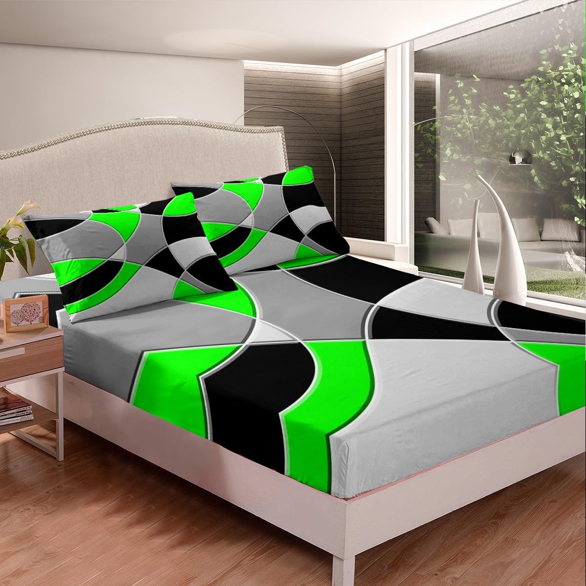 Juego de sábanas circulares retro, color verde, gris y negro para niñas, sábanas geométricas circulares con bolsillo profundo, sábana bajera ajustable de arte abstracto, juego de cama geométrico abst