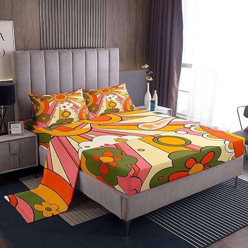 Miniatura 7 de Juego de ropa de cama hippie bohemio floral colorido Groovy Flower Power Sábanas de cama individual psicodélico Jardín de primavera Juego de sábanas