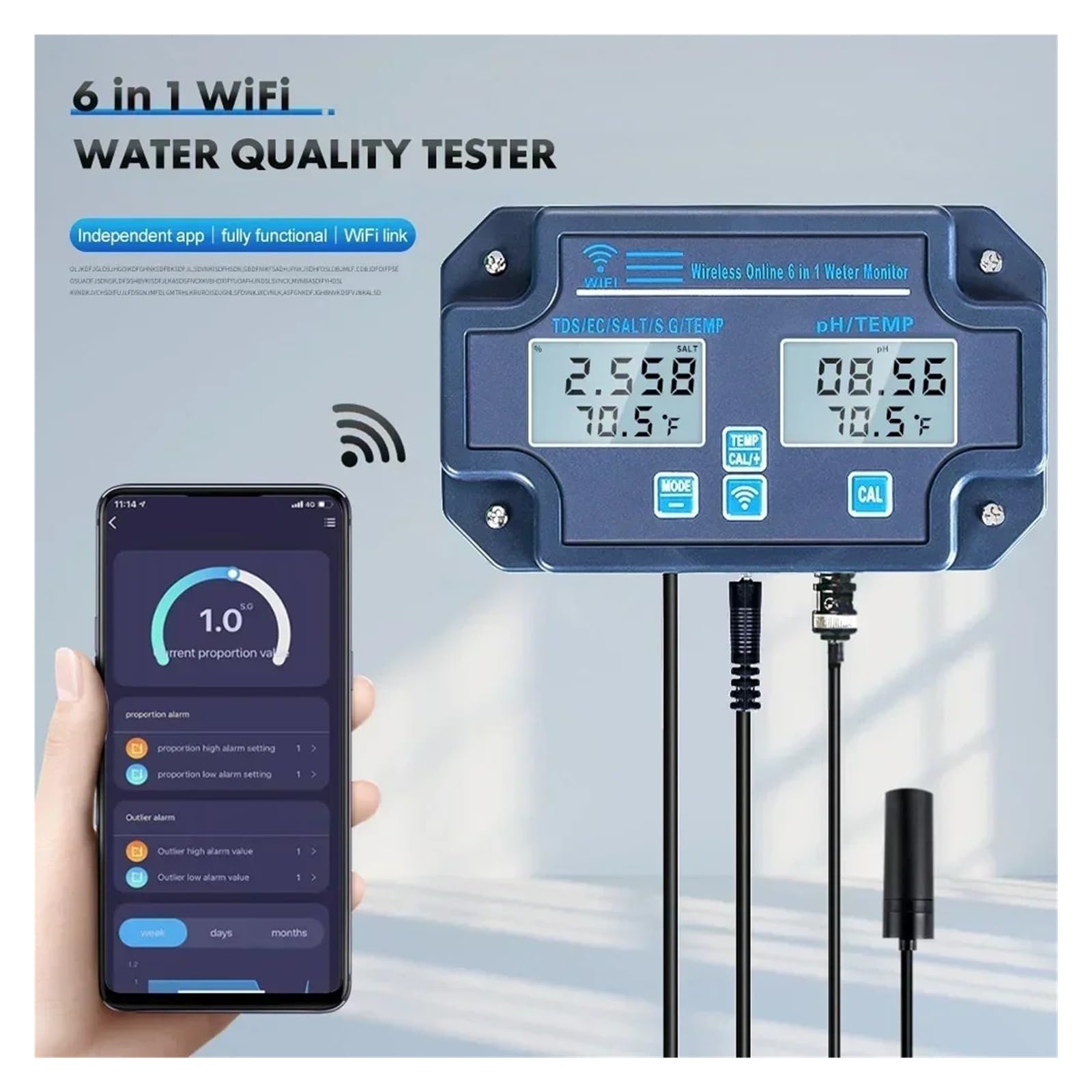 6 W 1 Wifi Tester Jakości Wody PH/EC/TDS/SALT/GS/Miernik Temp Analizator APP Online Zdalne Monitorowanie