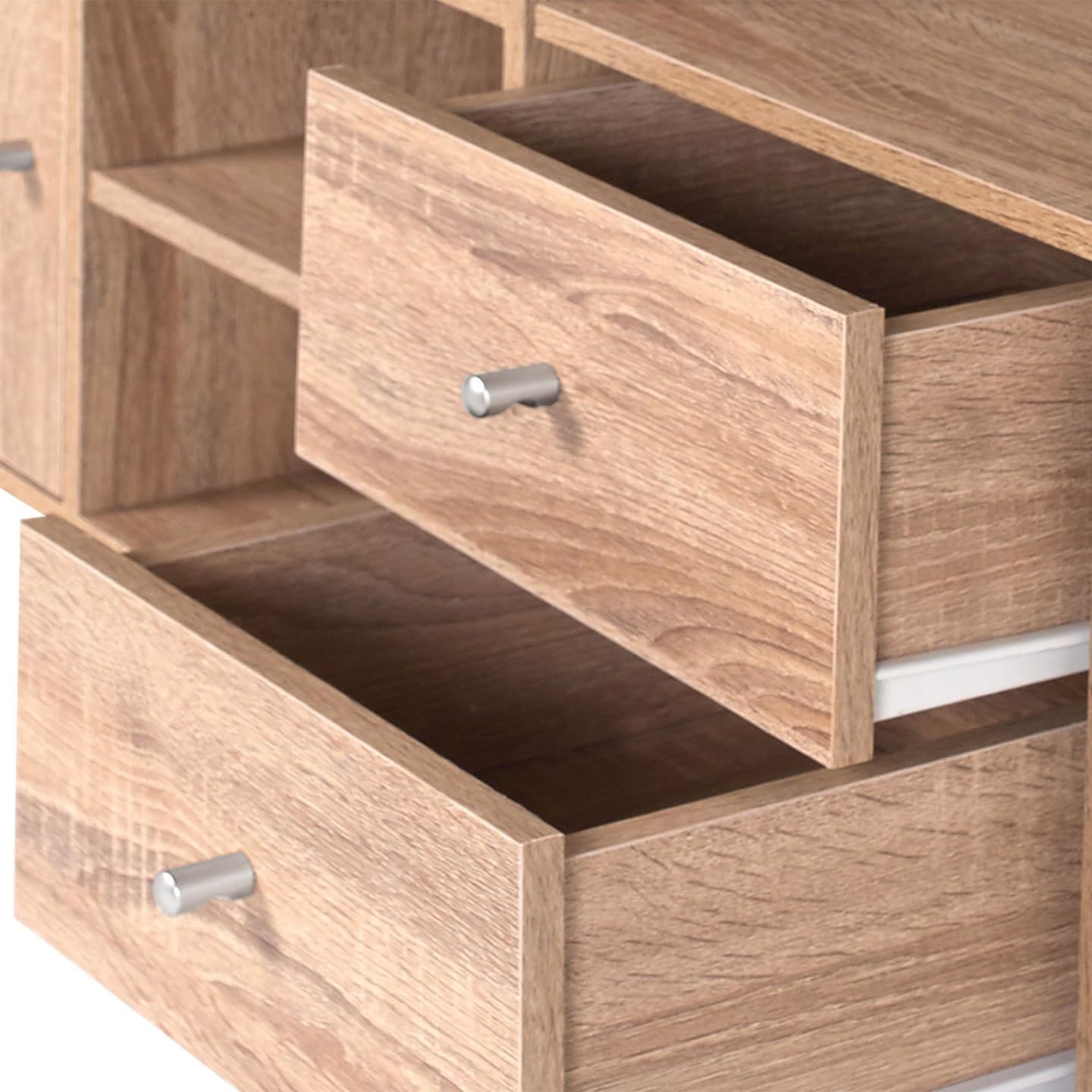 IDMarket - Treppenförmiges Aufbewahrungsmöbel Liam 4 Ebenen Holz in Buchenoptik mit Tür und Schubladen