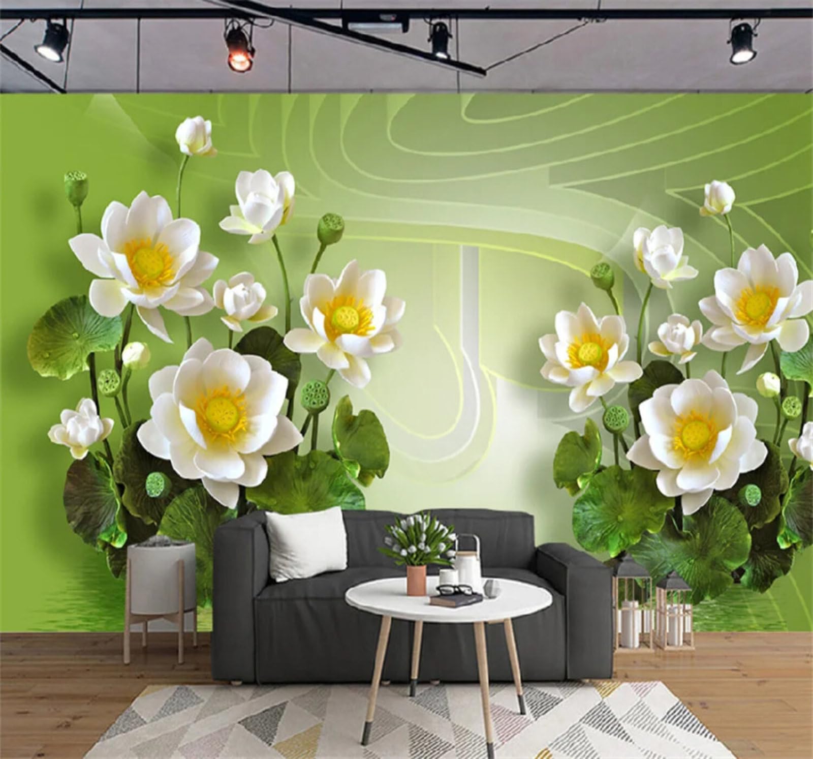 Xlming 300Cm×210Cm(B×H) Minimalist Three Dimensional Fresh Green Lotus 3D Wallpaper Luxury Home Dining Decor Paste Sofa Living Room The Wall For Bedroom Mural-300Cm×210Cm