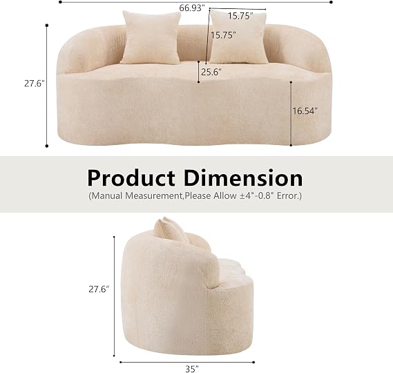 66.93 Curved Loveseat, 2 Seater Foam Sofa Soft Chenille Round Couch Cloud Sofa Deep Seat Love Seat with 2 Pillows, Modern Boneless Compression No Assembly Comfy Small Couches for Small Spaces (Beige)