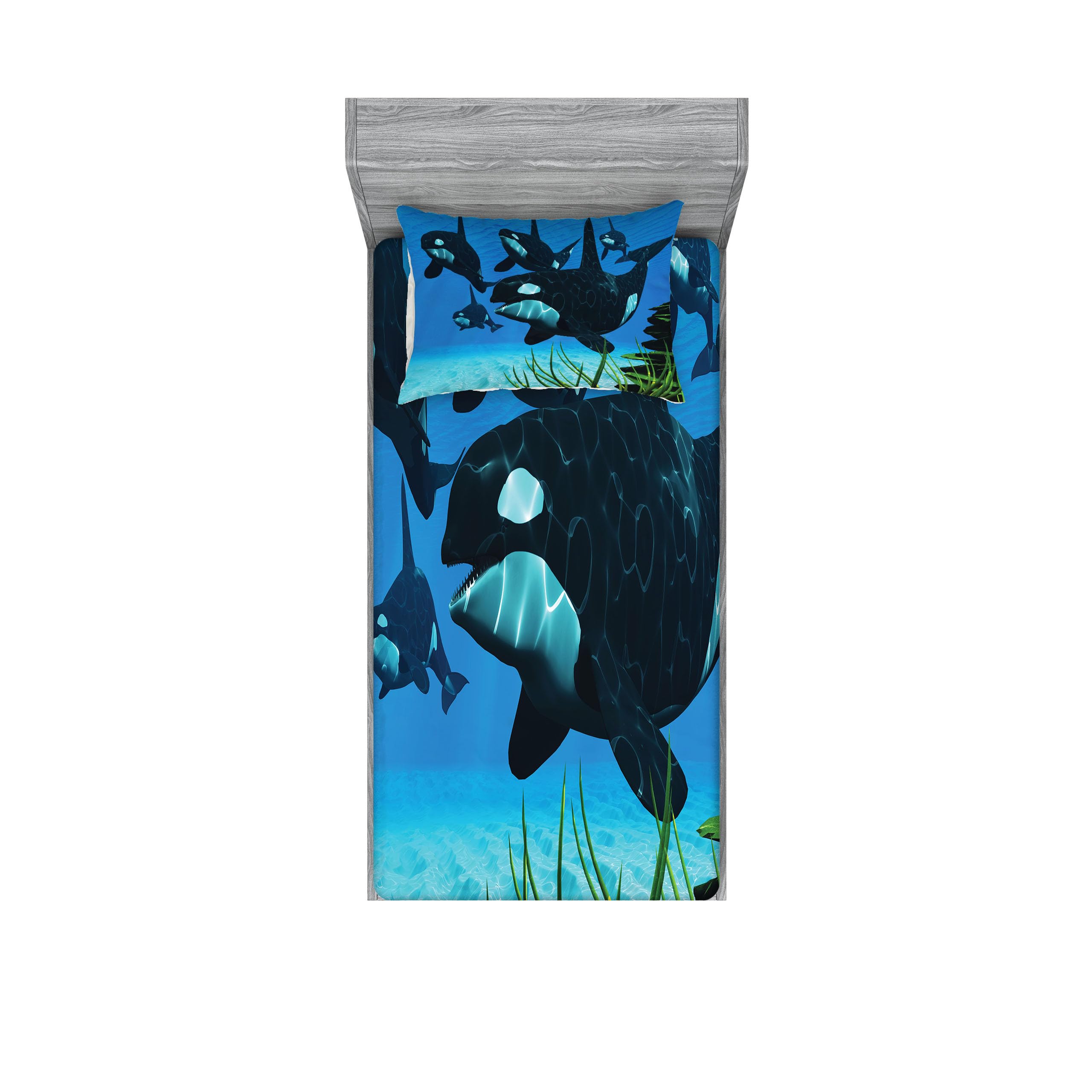Lunarable Whale Fitted Sheet & Pillow Sham Set, Pod of Killer Whales Swim Along a Reef Looking for Fish Prey Ocean Picture Print, Decorative Printed 2 Piece Bedding Decor Set, Twin, Sky Blue
