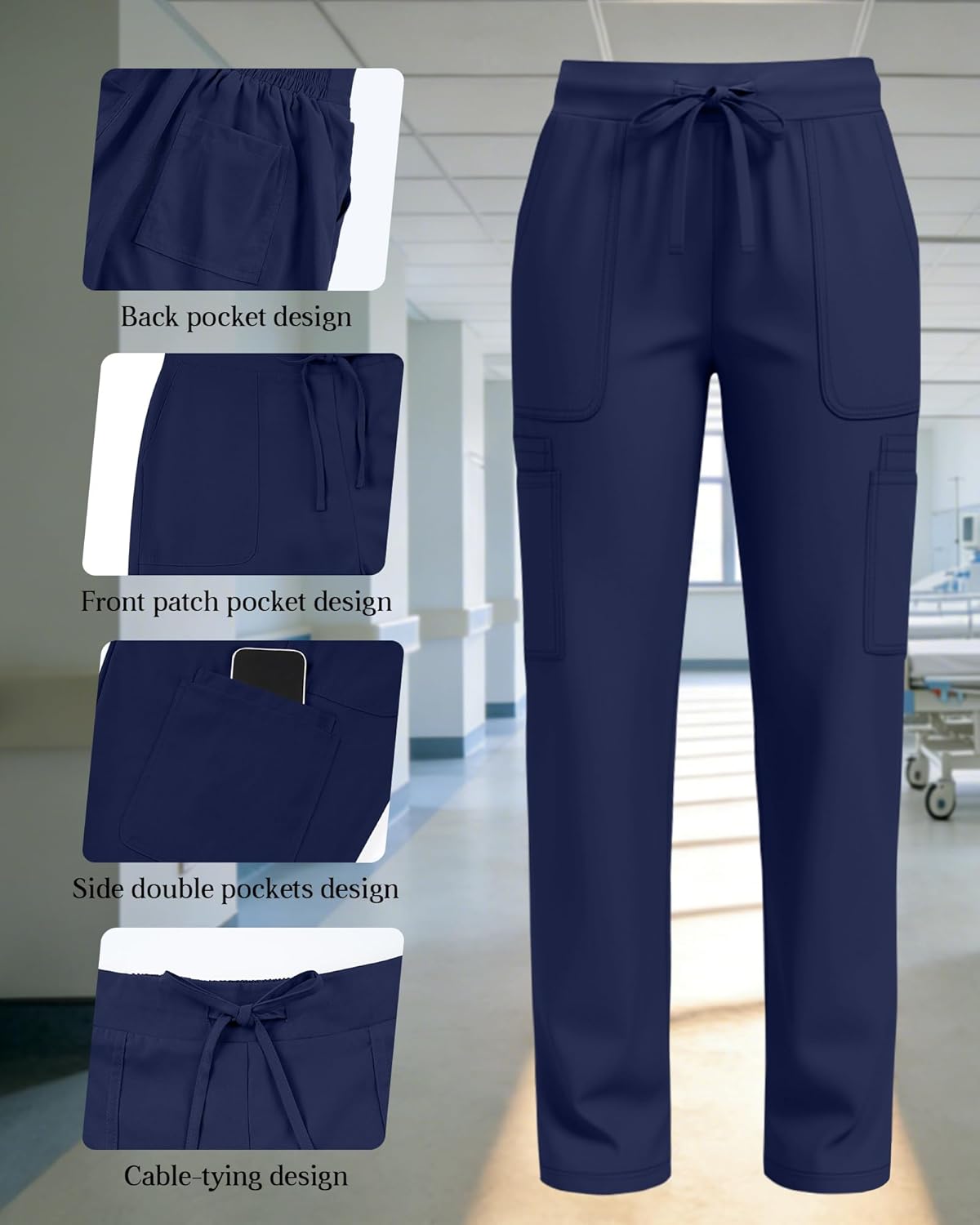 2 Pack Women's Scrub Pants Elastic Waist Drawstring Cargo Pants with 8 Pockets Straight Leg Casual Joggers - Image 3
