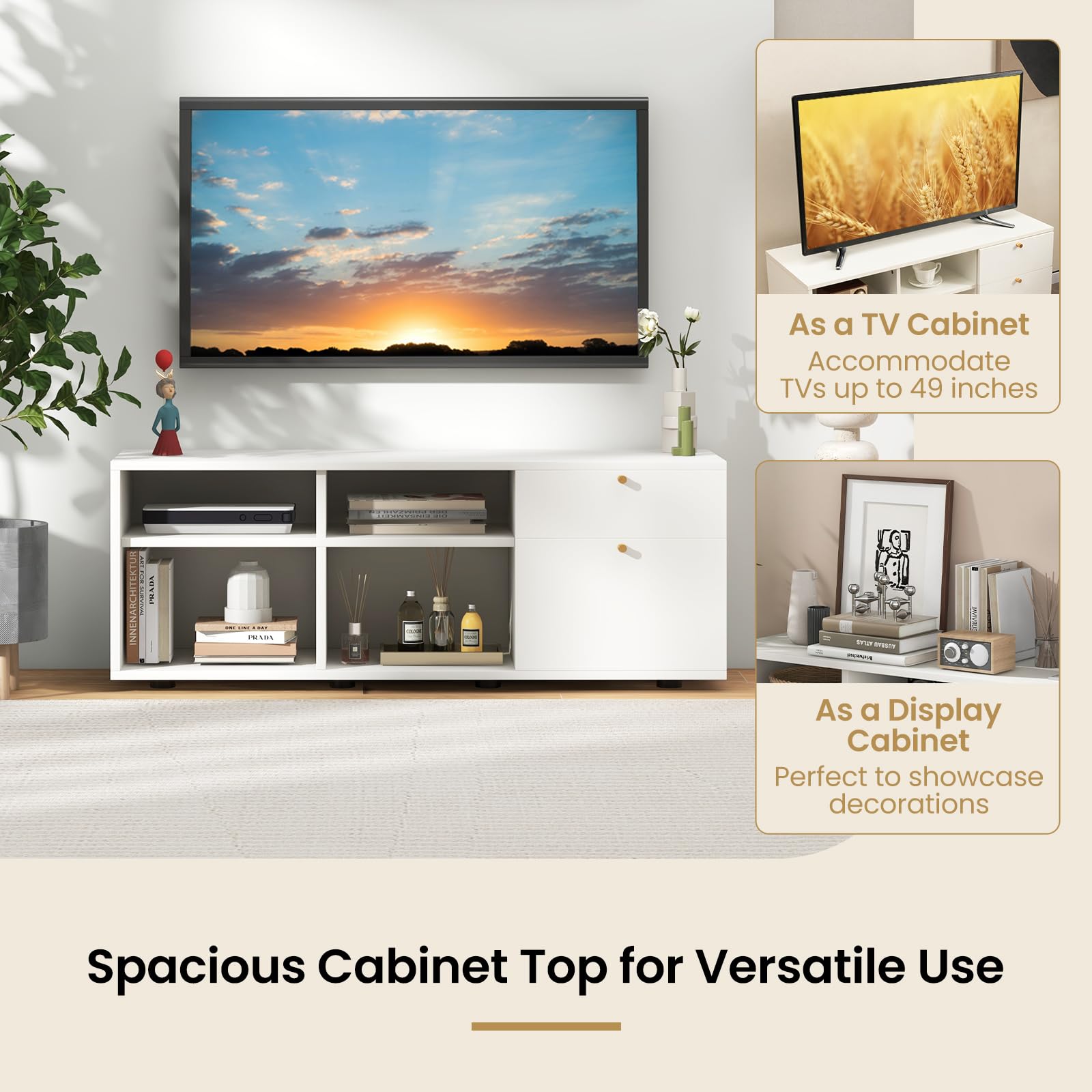 KOMFOTTEU - Armadietto con 4 cubi semi-aperti e 2 cassetti, armadio multifunzionale con piedini regolabili, mobile laterale in legno, 108 x 39 x 50 cm, Bianco