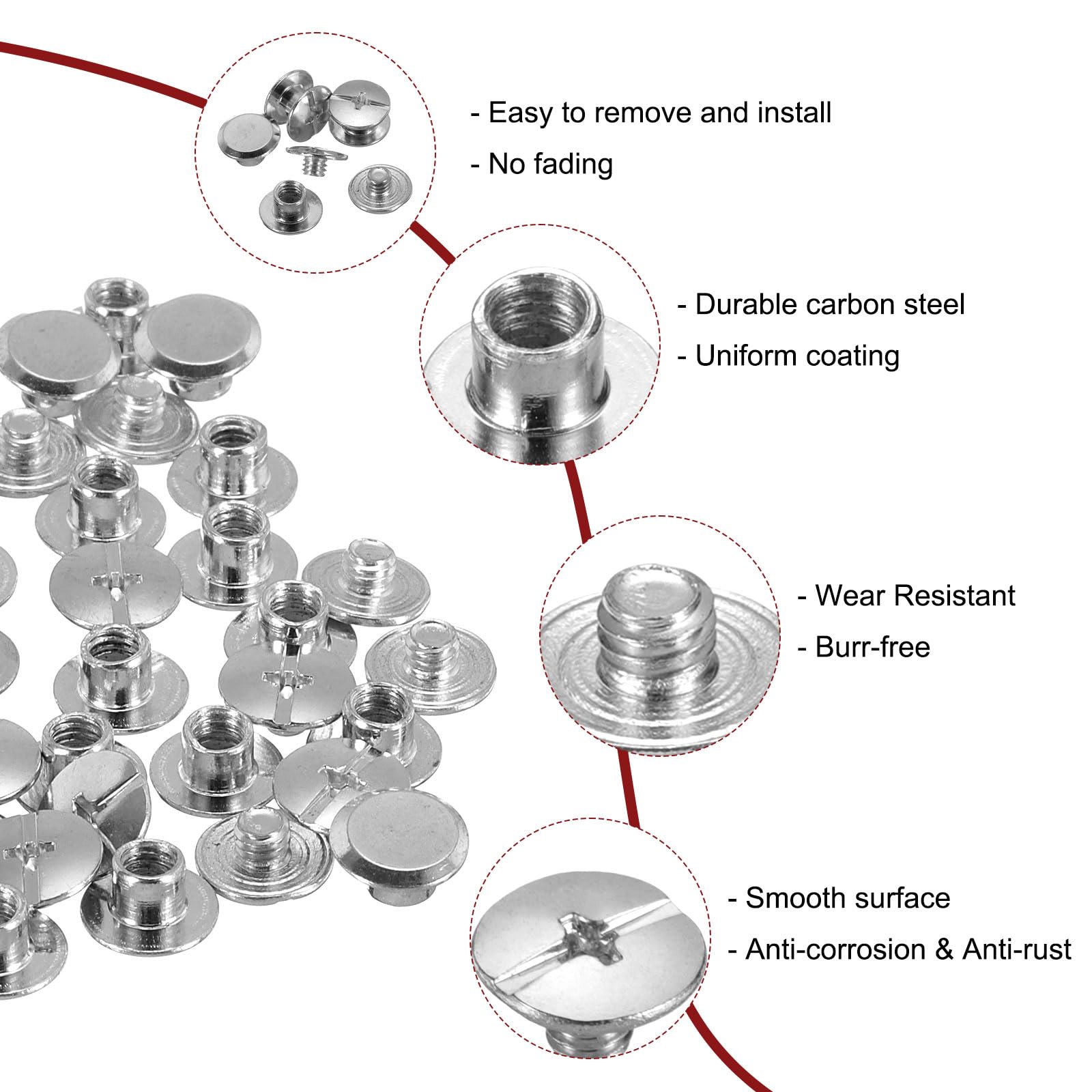 QUARKZMAN Zestaw 50 śrub Chicago M5 x 4 mm, metalowa głowica Phillips, śruby do wiązania, słupki, nity, do samodzielnego wykonania, skórzanego paska, torebki, rzemiosła, wiązania książek, srebrnego