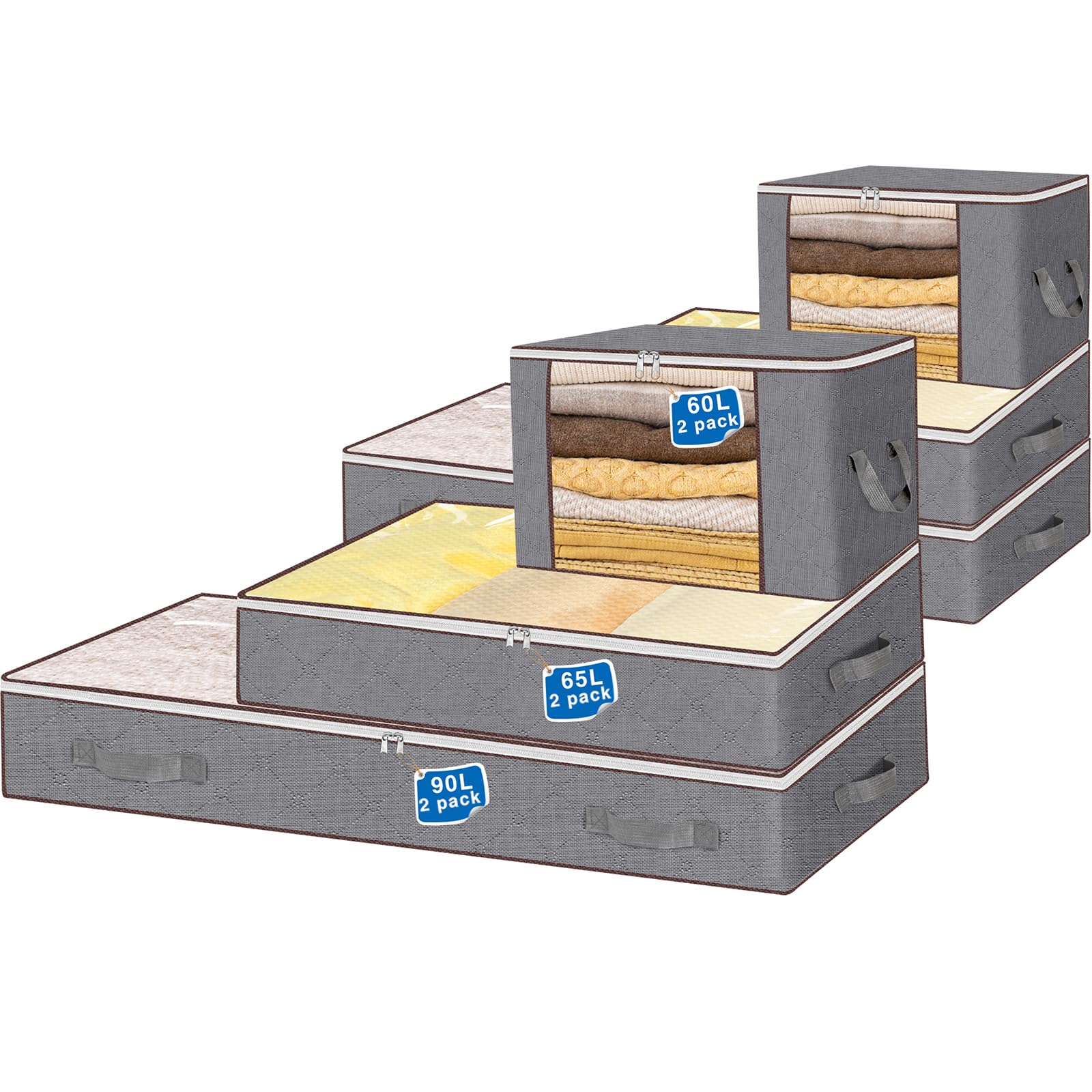 Under Bed Storage Bags,6 Pack Underbed Storage Bins (90Lx2,65Lx2,60Lx2) with Reinforced Handle, Closet Organizers for Clothes, Blanket, Pillows, Clear Window, Sturdy Zipper, Gray