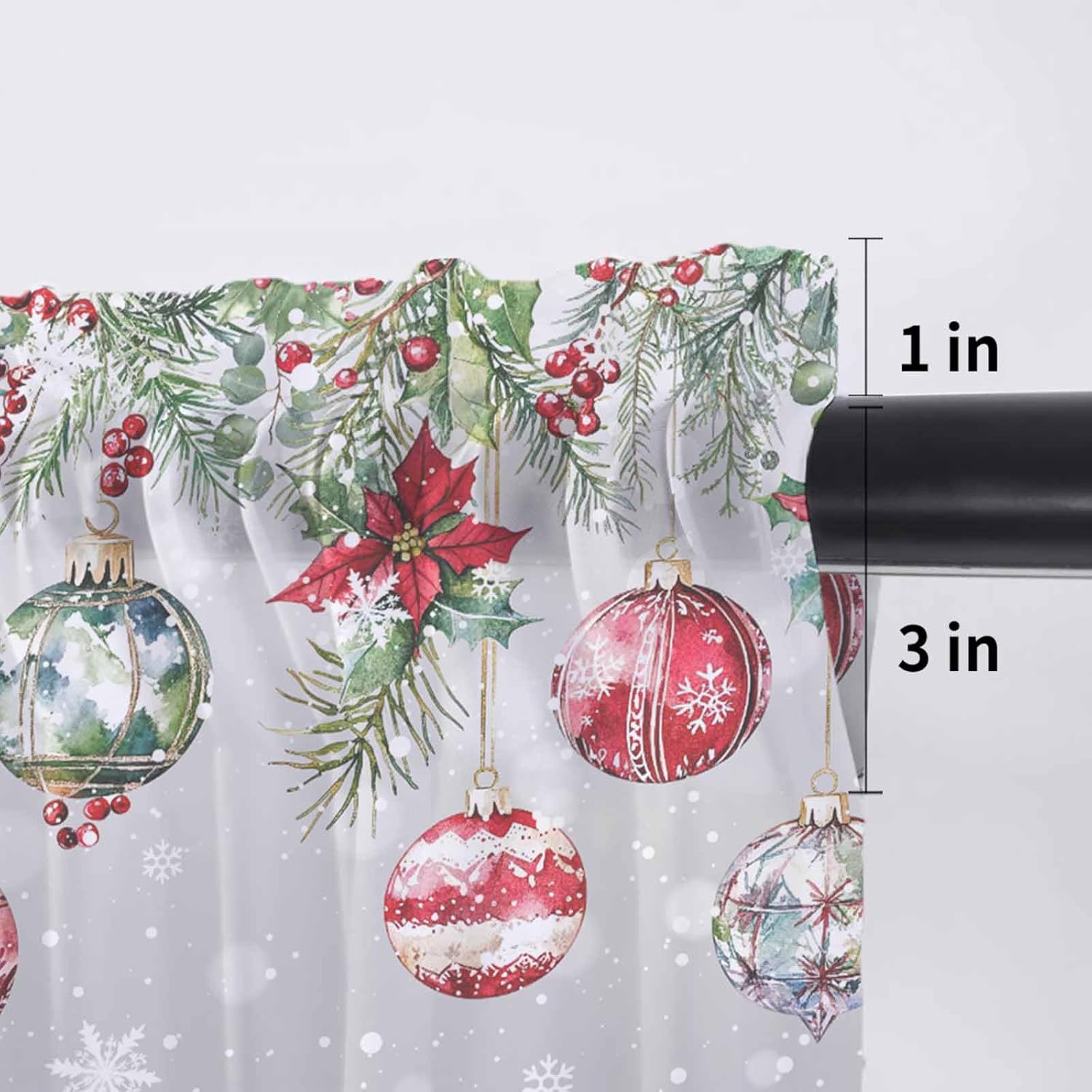 Gray Christmas Balls Sheer Valance, 60"x18" Light Filtering Kitchen Curtain Valances, Red Green Xmas Botanical Snowflake Chiffon Rod Pocket Living Room/Bedroom/Cafe Curtains