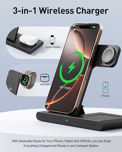 RYND 2026 Travel Portable Wireless Fast Charger for Apple & Android Charging Station,3 in 1 Charging for iPhone17 16 15 14 13 12,Apple Watch Series & Air pods 4 3 2 Pro,Samsung Galaxy - 3
