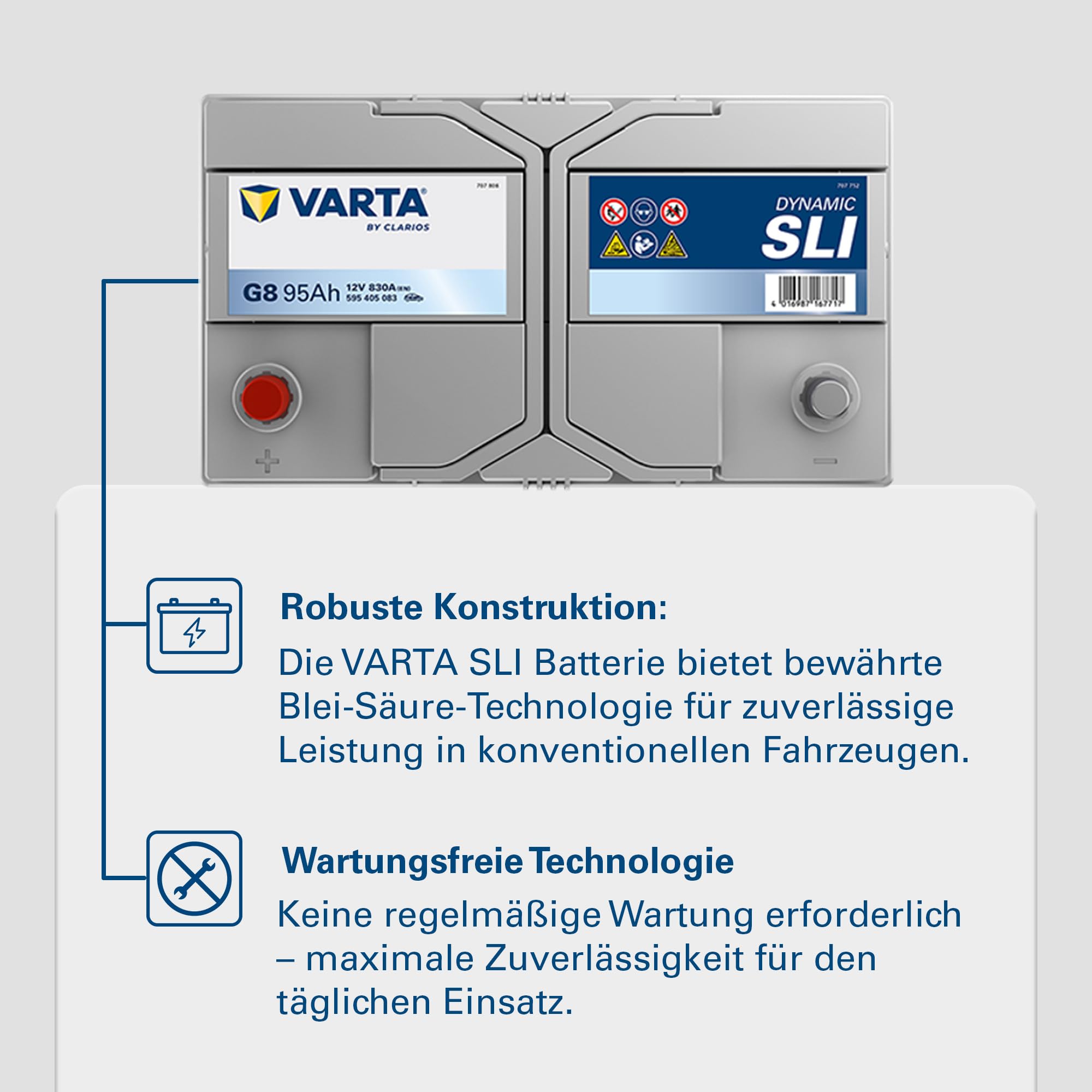 VARTA Automotive DYNAMIC SLI (G8) 12V 95Ah 830A - Nassbatterie KFZ mit Standardausstattung & ohne Start-Stopp System - Starterbatterie für einfachen Energiebedarf - Bleisäurebatterie wartungsfrei