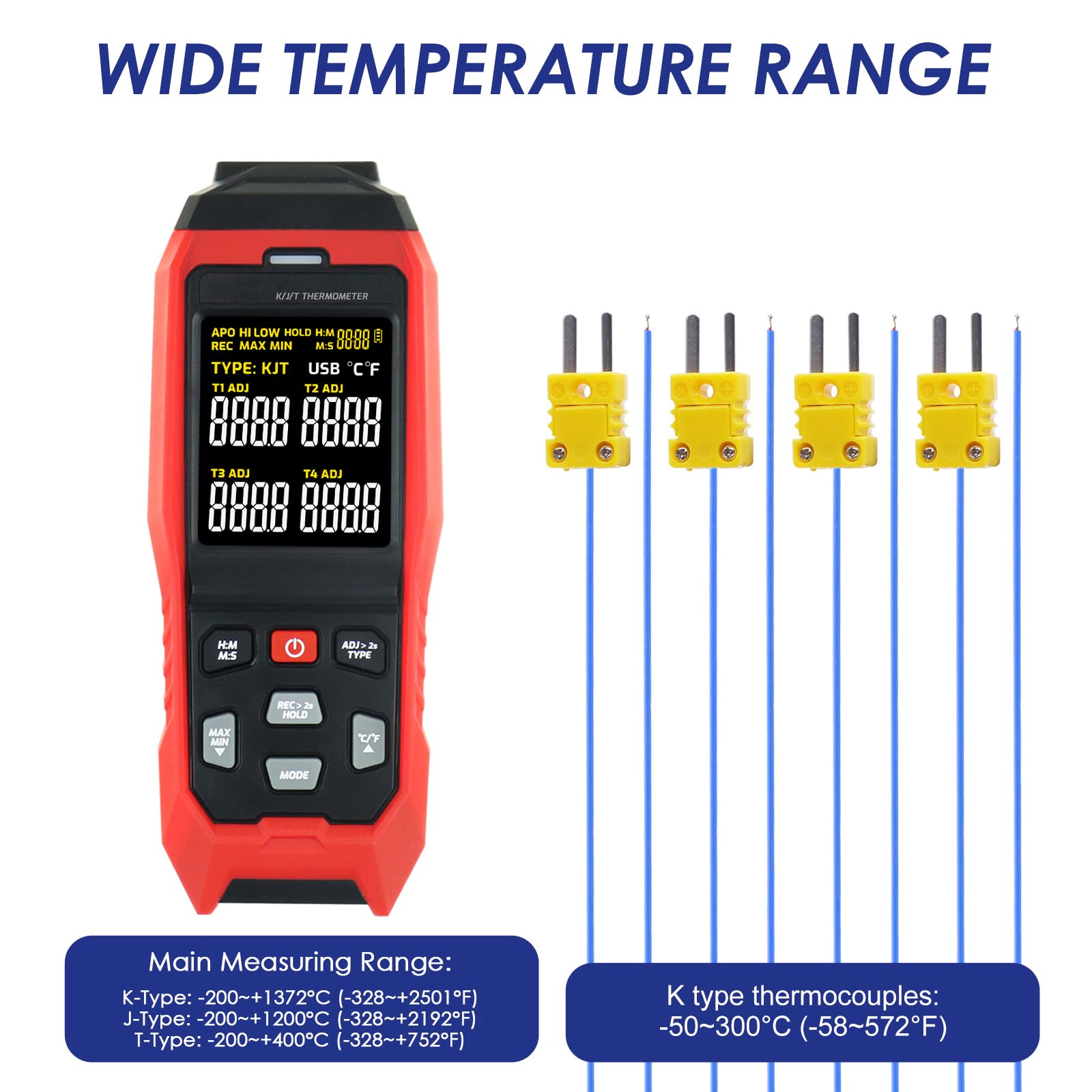 DataLogger 4-K Thermoelement-Thermometer Typ K/J/T Digitales Thermometer mit 5000 Gruppen von programmierbaren Temperaturdaten, die im Bereich von -328 ~ 1370 °C aufzeichnen