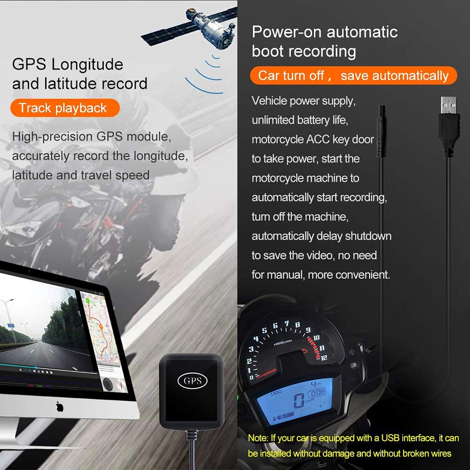 Motorcycle WiFi Dash Cam con pantalla táctil de 4 pulgadas, cámara de lente dual 1080P, grabadora de video de ciclo exterior con rastreador GPS, controlador de alambre, sensor G, grabación de bucle