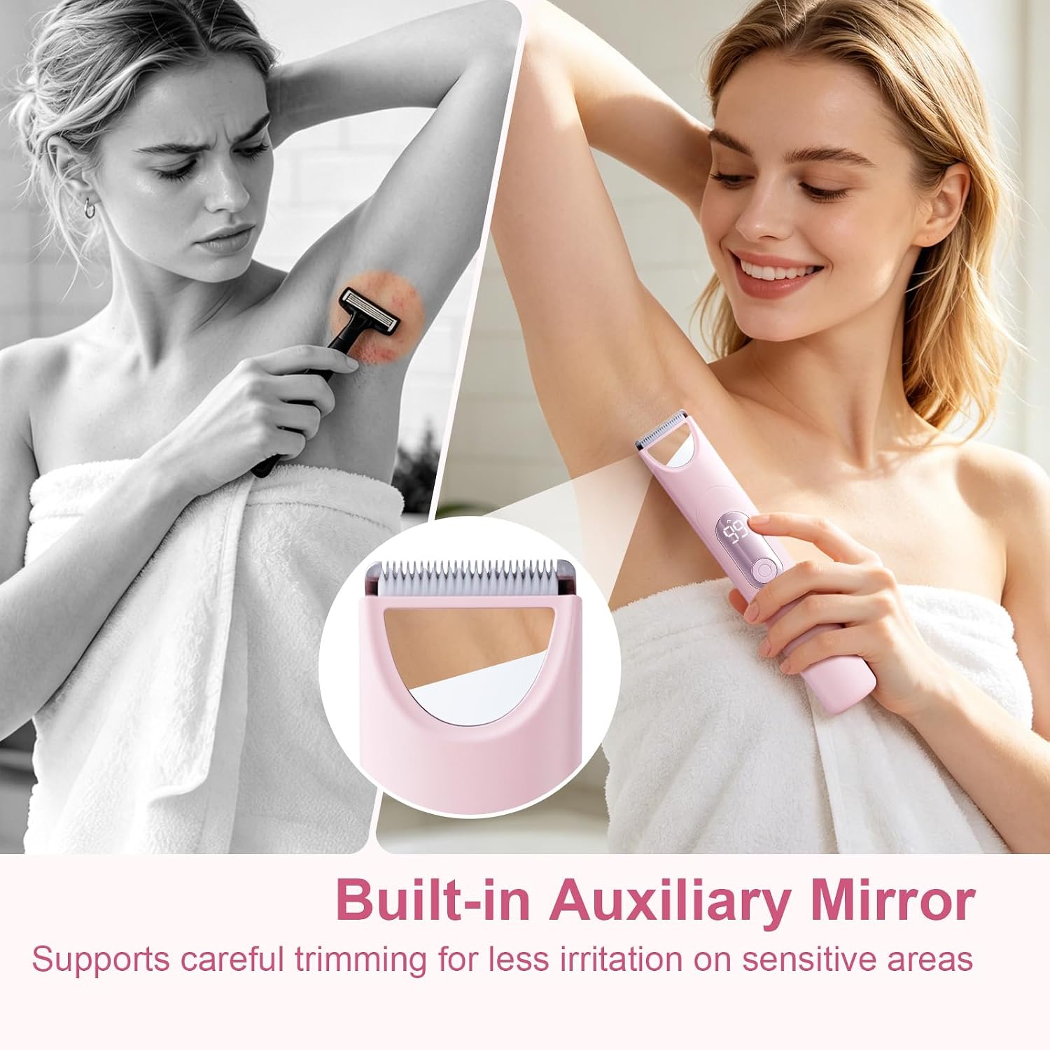Glowlyns Bikini Trimmer for Women with Built-in Mirror, Dual Head Electric Razor & Bikini Shaver for Ladies, IPX7 Waterproof Body Hair Trimmer & Facial Hair Remover, Pink
