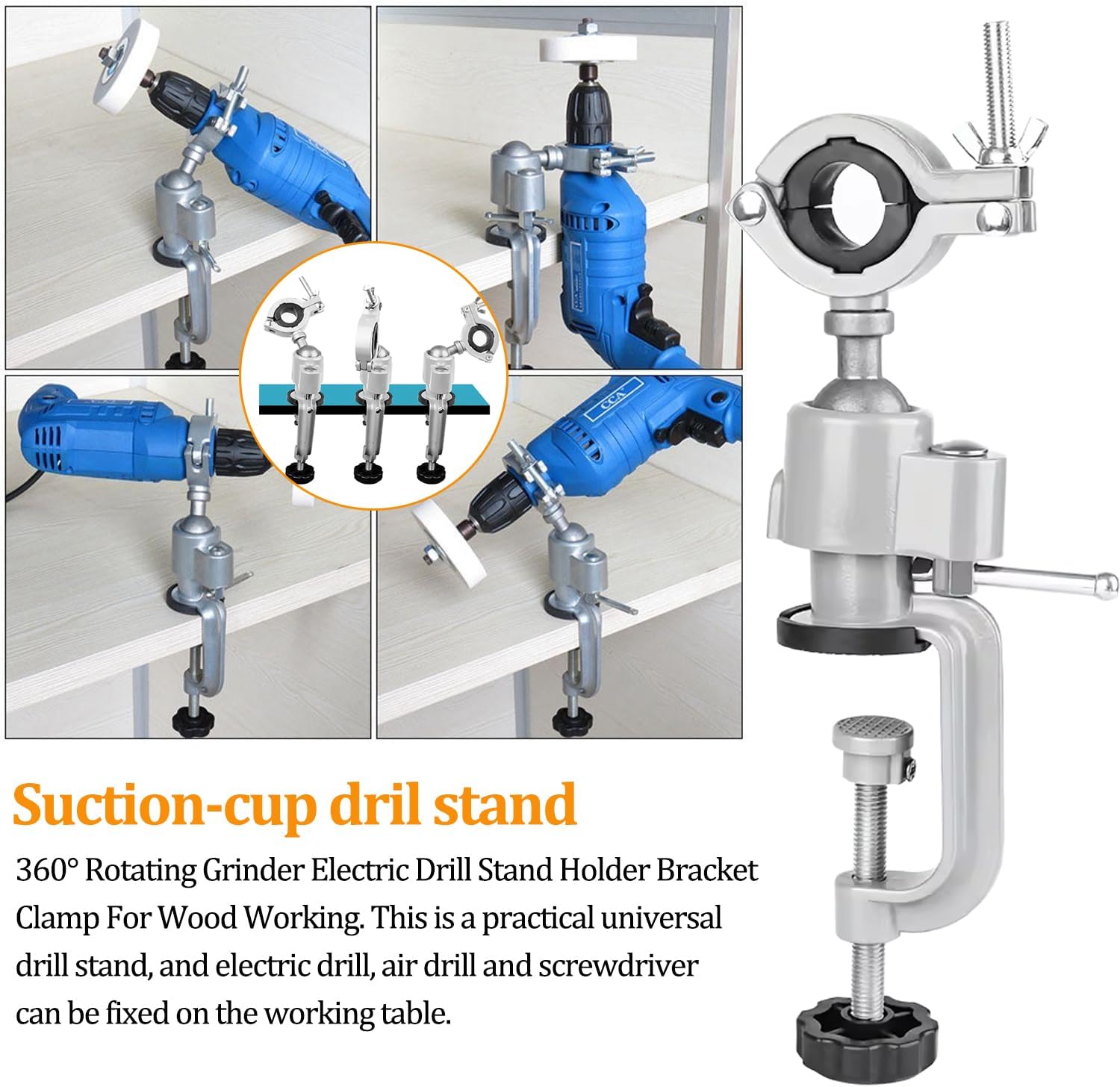 360 Degree Table Bench Clamp Vise Drill Rack Support Electric Drill Stand Grinder Holder Bracket For Electric Drill, Grinder, Rotary Tool for Woodworking Metalworking （with Replaceable Clamping ）