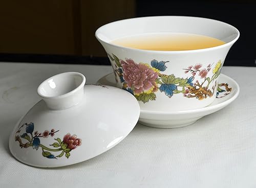 Miniatura 4 de Gaiwan - Juego de taza de té grande de porcelana blanca Sancai, patrón de belleza Blum (16 onzas de flor grande)