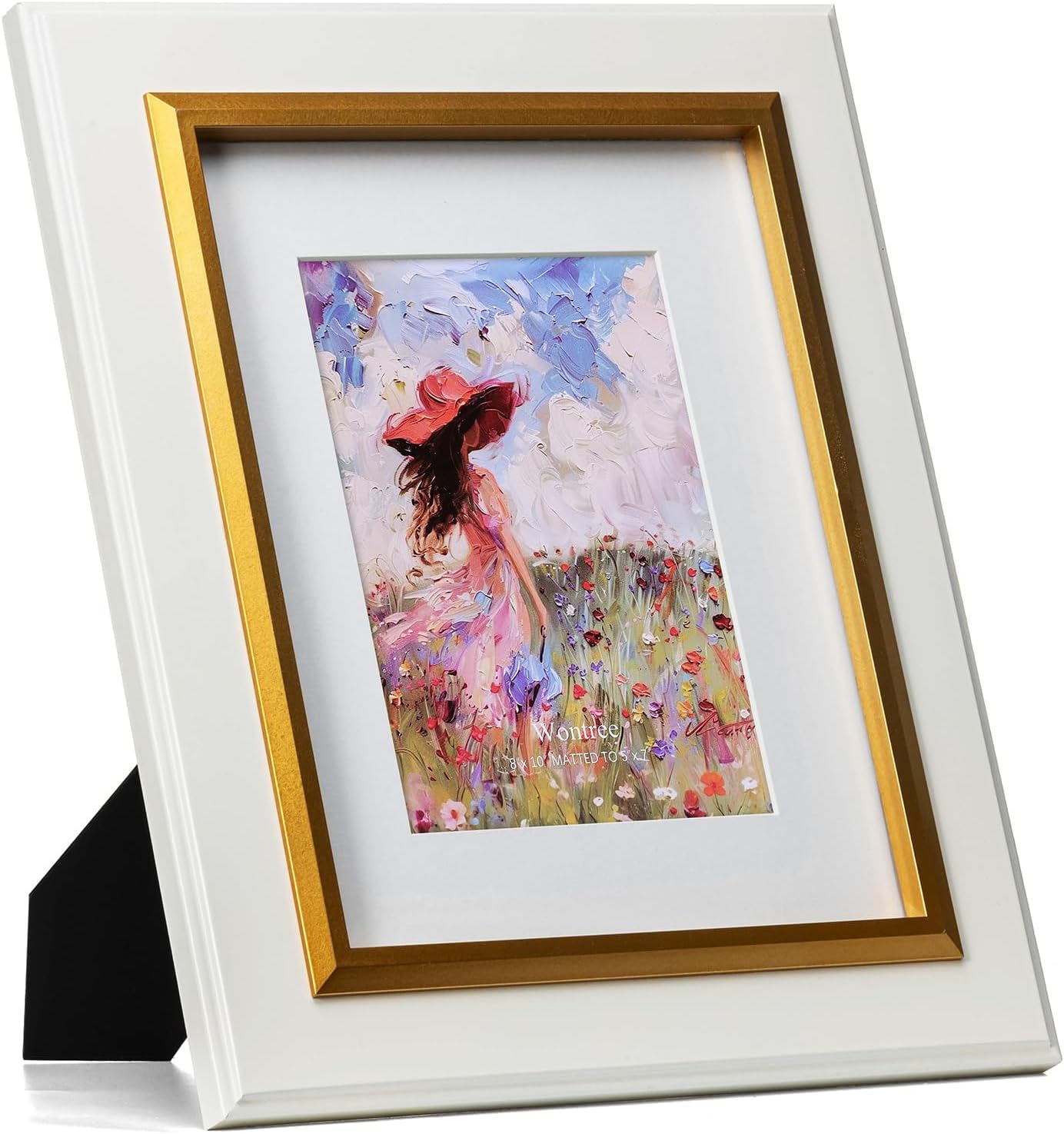 8x10 White Picture Frame, Gold Trim Border, Solid Wood with Real Glass, Display 8x10 Photos Matted to 5x7, Vertical and Horizontal Desk Tabletop or Wall Hanging