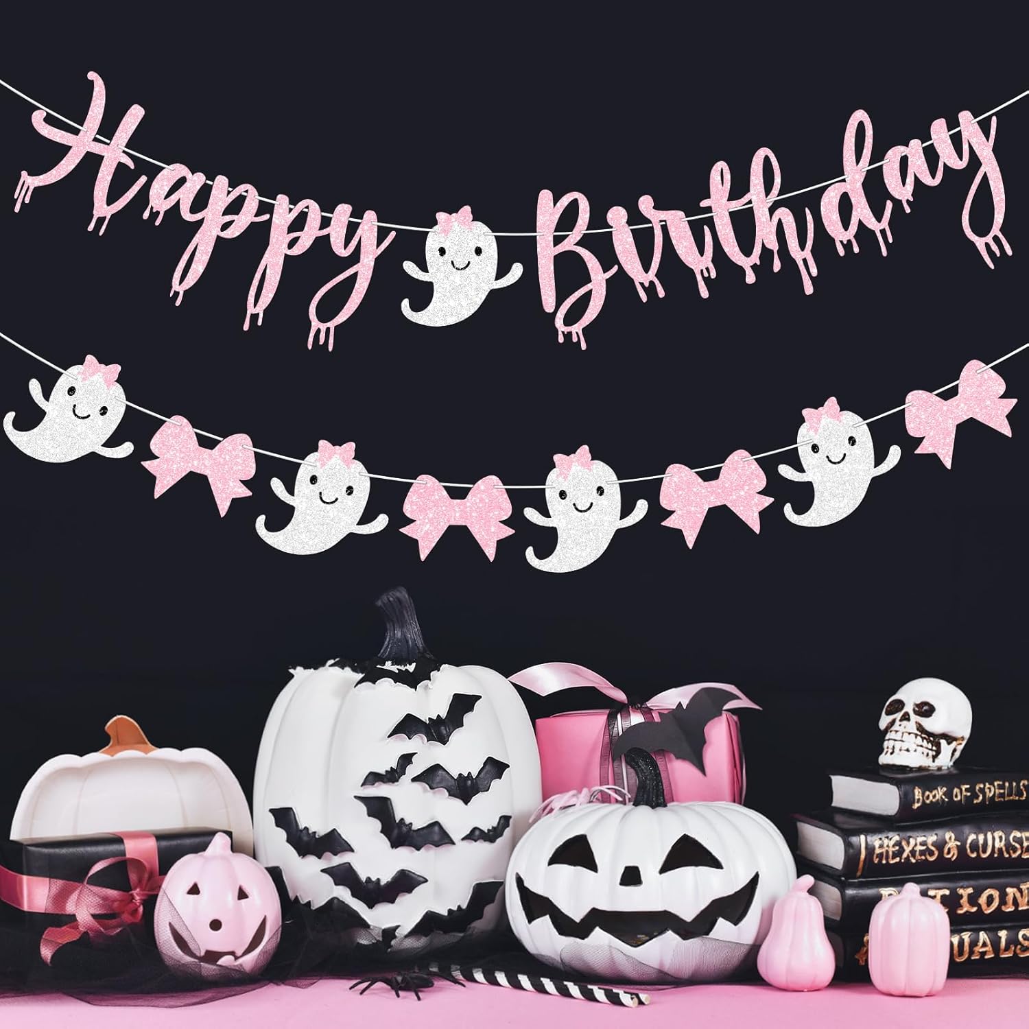 Pink Halloween Birthday Banner for Girl Prestrung Glitter Pink Bow Ghost Garland for Happy Boo Day Halloween Birthday Party Decorations Supplies - Image 7