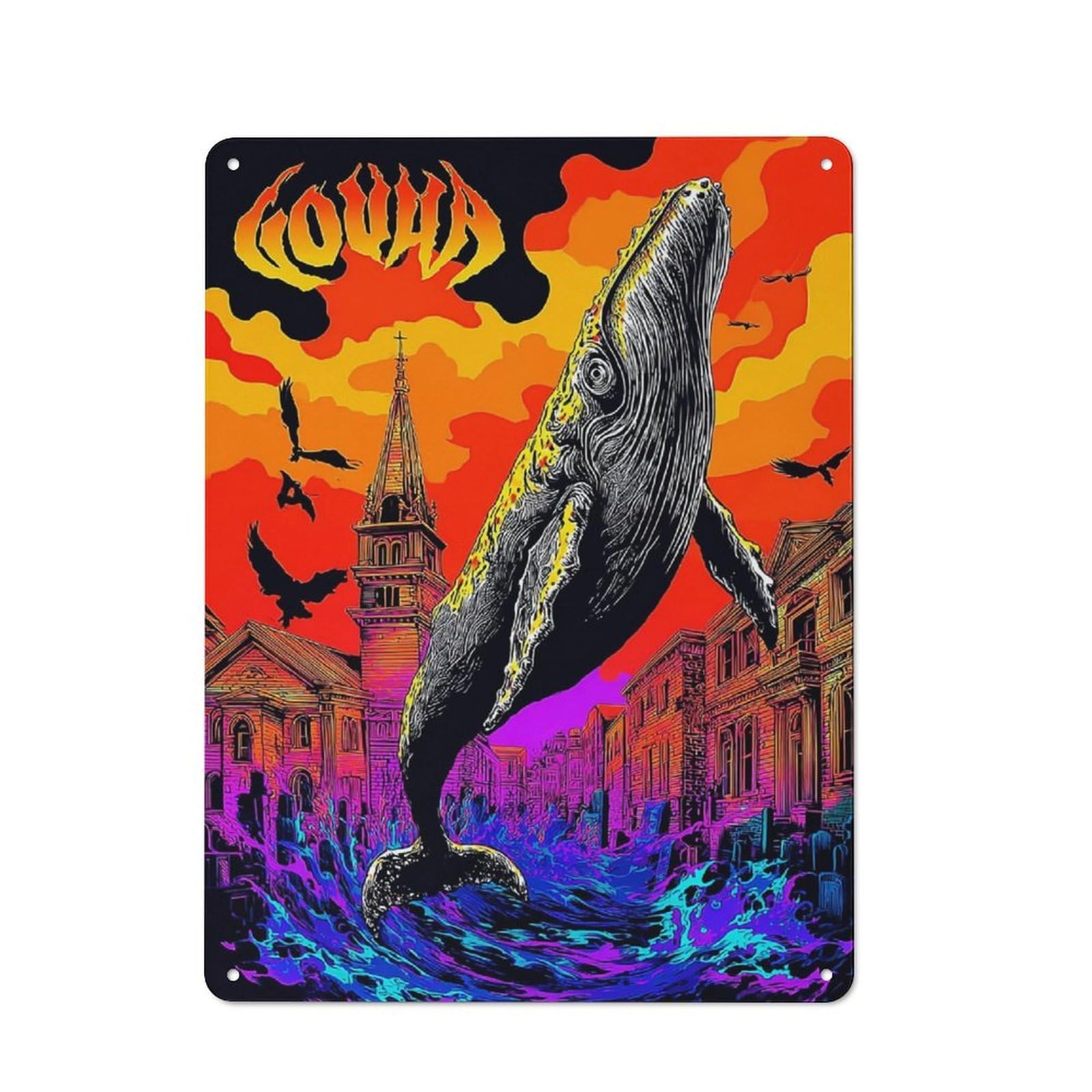 Junmoney Whale In The City A Surreal Tale Retro Metal Sign With Design 40X30cm, Nostalgic Vintage Wall Decor For Kitchen, Hallway, Bar Or Small Cafe