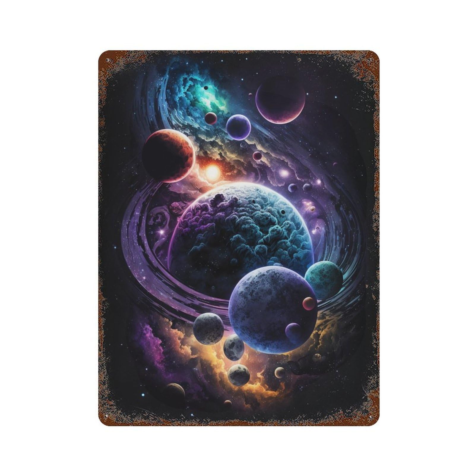 Cosmic Planets Wallpaper Weathered Tin Sign 15.7"x11.8", Classic Wall Plaque for Garage, Bar And Workshop Decor
