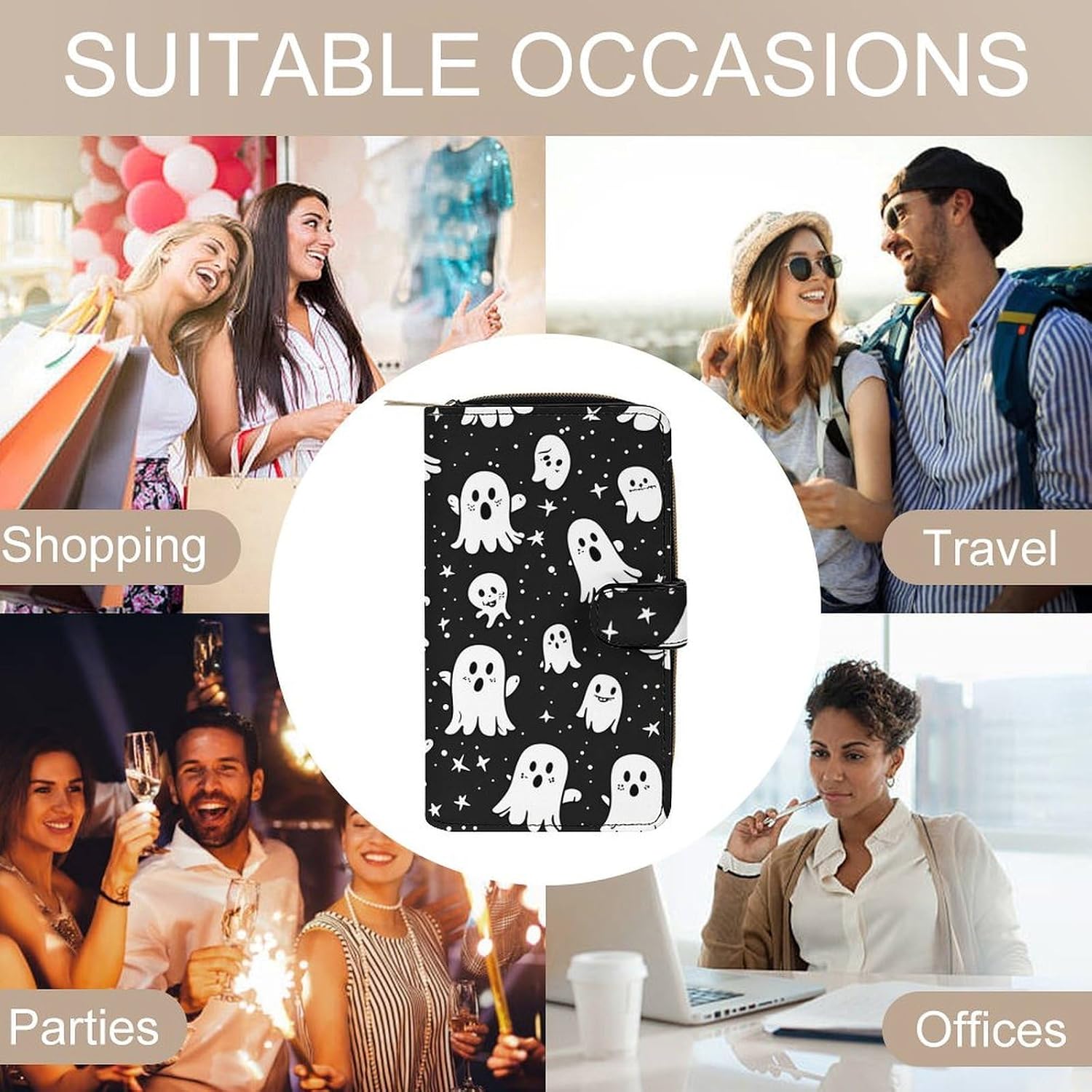Cute Ghost Stars Pattern Funny Long Slim Bifold Wallet Card Holder Purse with Buckle for Men Women