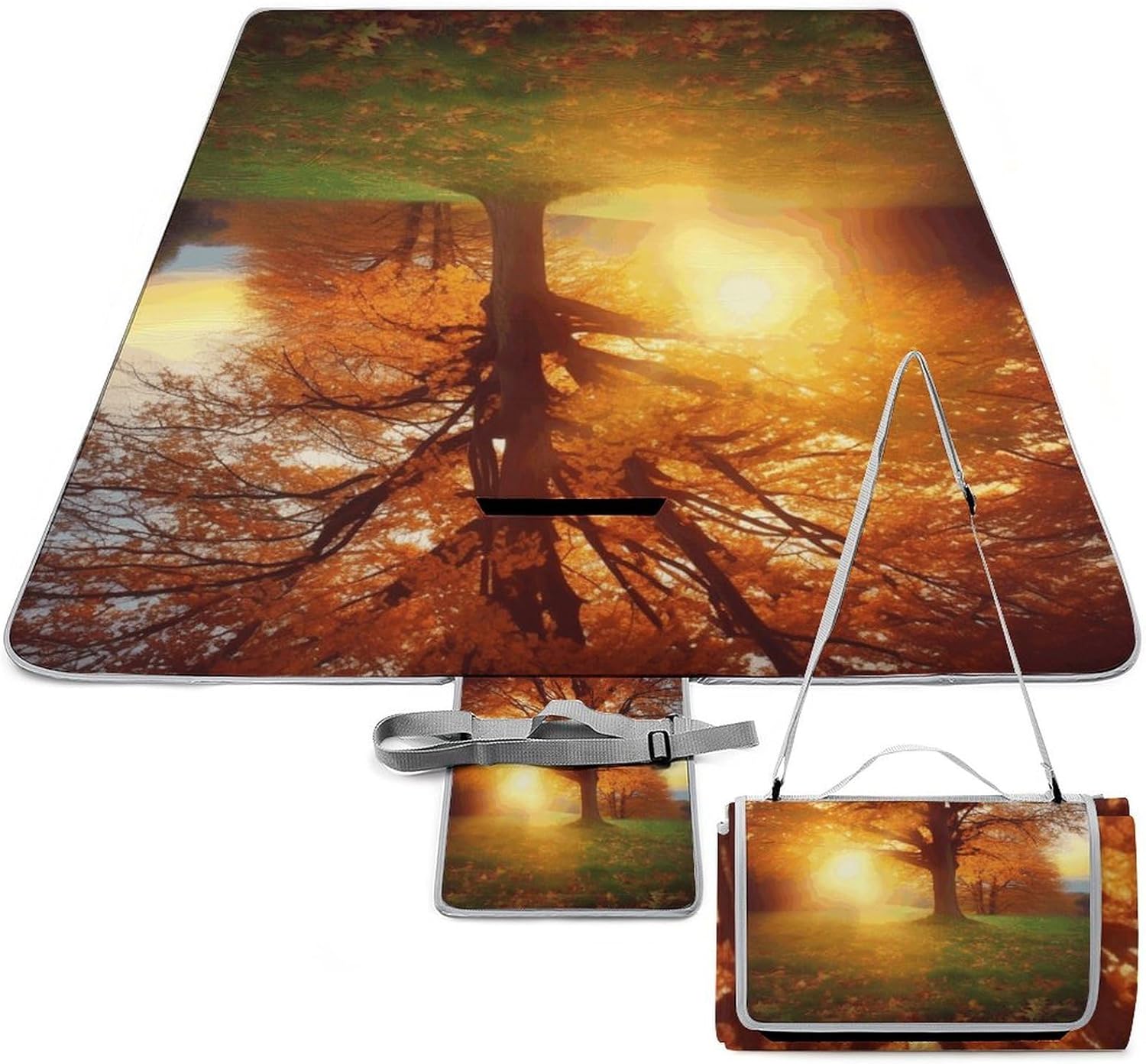 Autumn Sunset Waterproof Picnic Blanket 58.3''x58.3'',Portable and Foldable Picnic Mat with Handle,Outdoor Blankets for Lawn Park Beach Travel