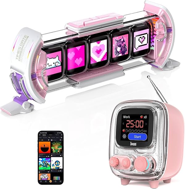 Times Gate rosa y Tiivoo-2 rosa de Divoom, reloj digital cyberpunk para setup gamer con control por app inteligente y mini TV altavoz Bluetooth retro, decoración linda para dormitorio, escritorio junto a la cama