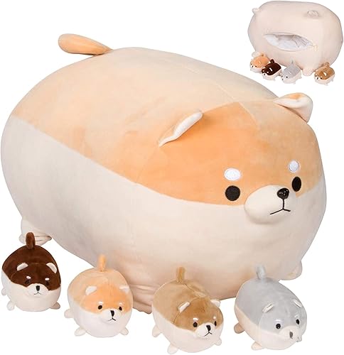 Shiba Inu - Diferentes mamás animales de peluche con 4 bebés en su barriga peluche de anime Corgi y Akita Kawaii en forma de perro suave almohada