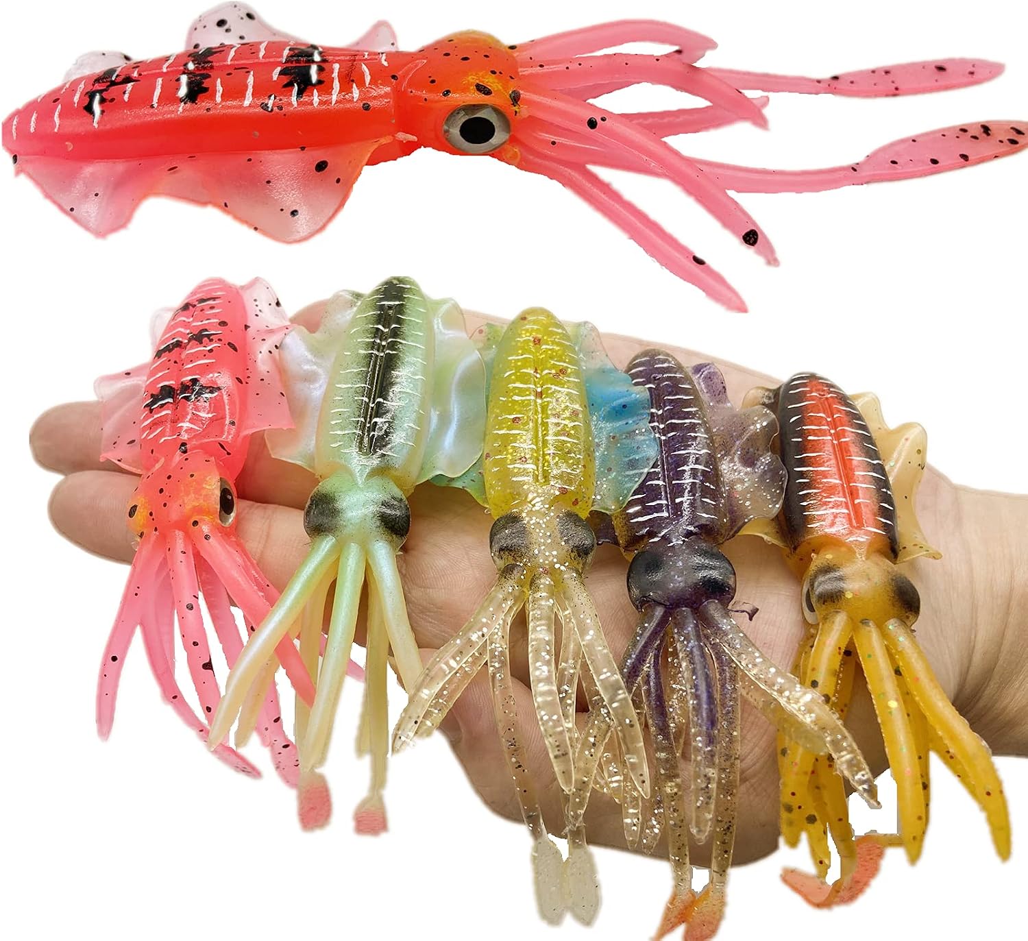 DAMIDEL 4 Pcs Large Simulation Squid Fishing Lures Bait Kit,3D Holographic Eyes，Built-in Multicolored BlocksThrough Heavy Duty ，Stable and Tempting