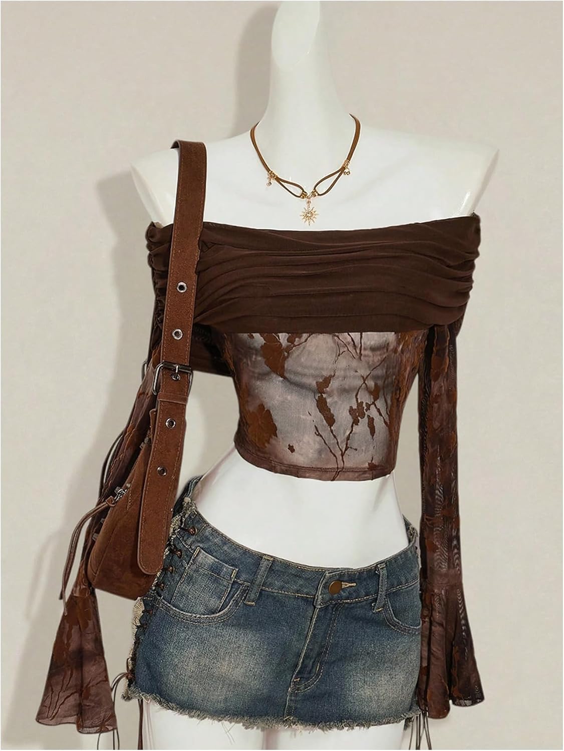 Milumia Women's Boho Floral Lace Off The Shoulder Top Ruched Long Bell Sleeve Sheer Crop Tops - Image 5