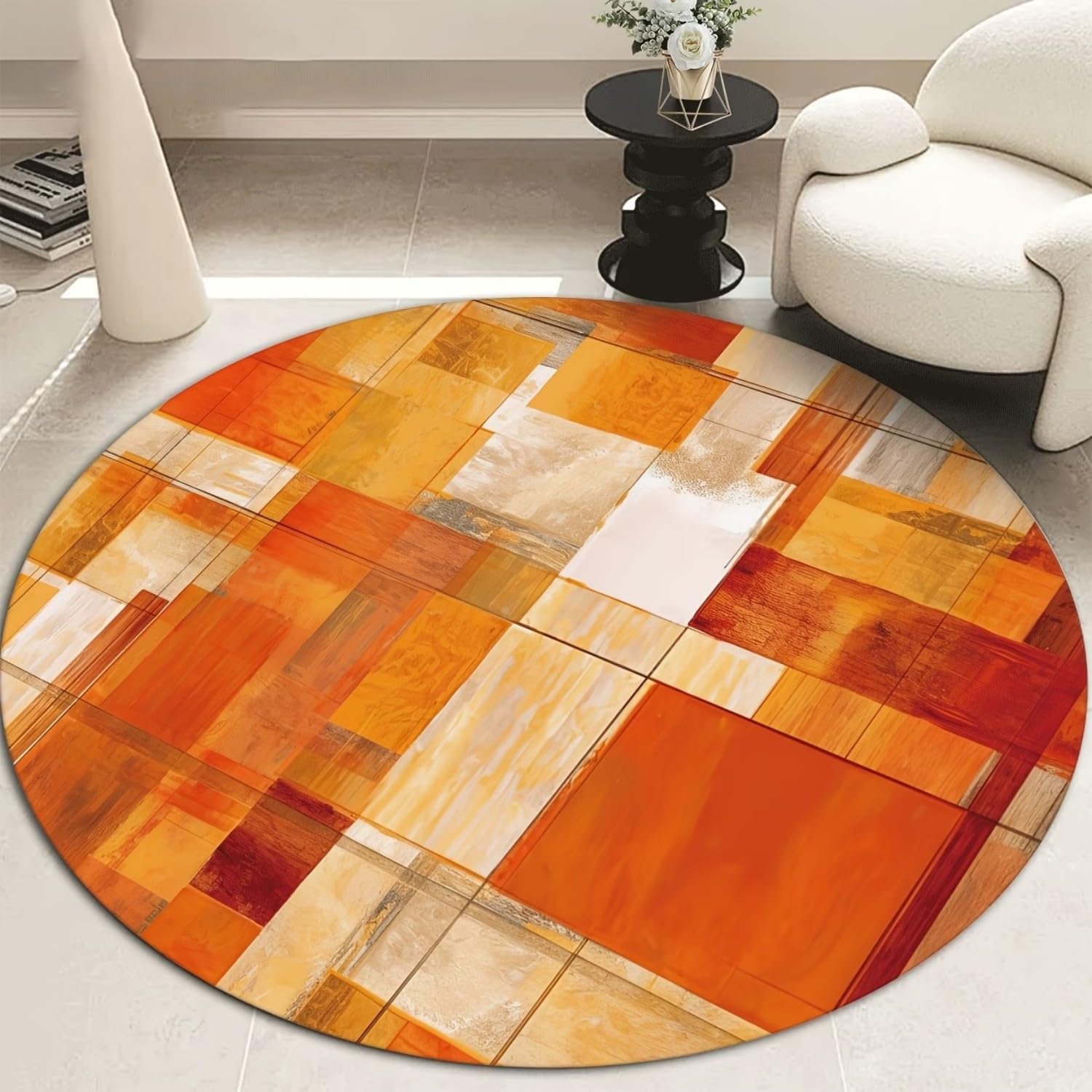 Modern Round Rug for Living Room, 100x100cm Abstract Geometric Area Rug in Burnt Orange and Rust, Non-Slip Soft Circular Carpet for Bedroom Dining Room, Washable Short Pile Floor Mat for Nursery