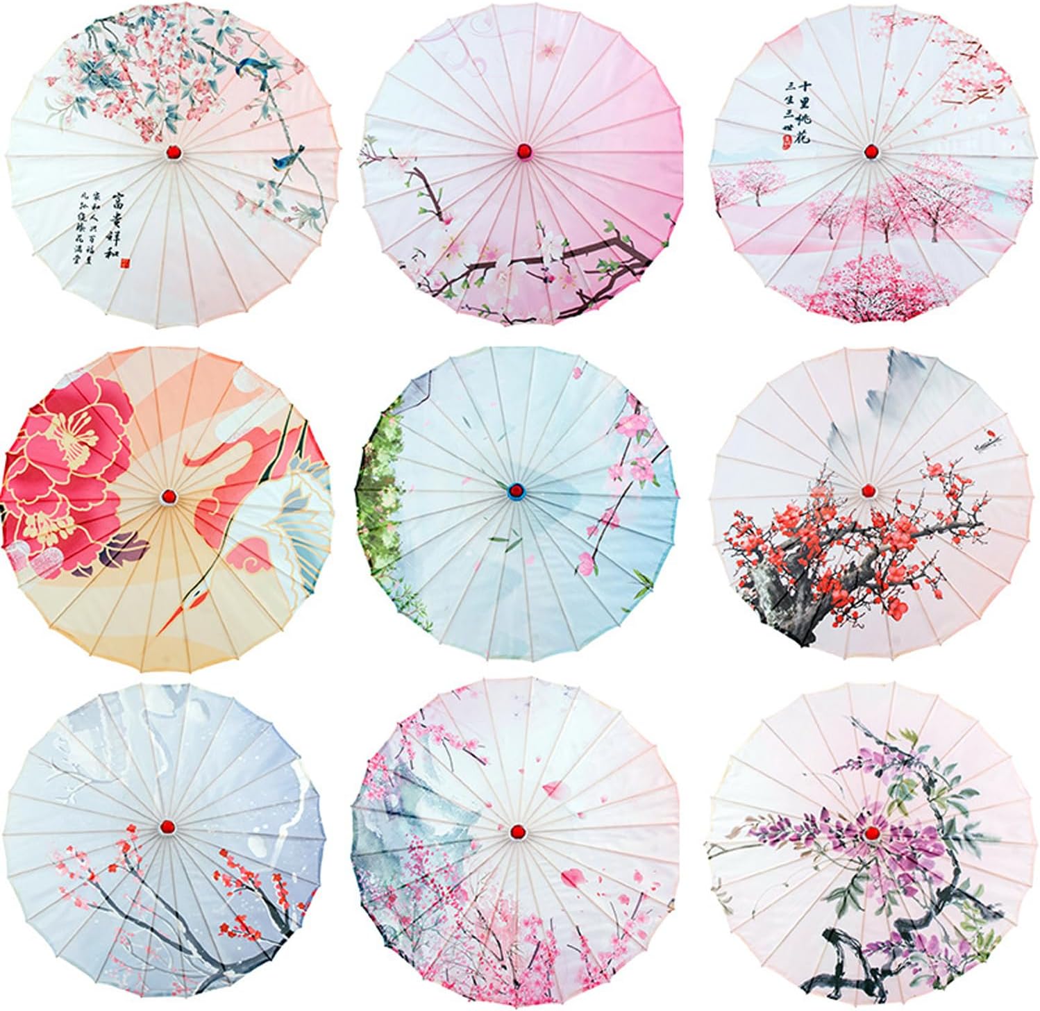 Oiled Paper Silk Cloth Umbrella - Wooden Handle & Frame - Manual Lift - Compact (50-60 inches) - Indoor/Outdoor/Patio - Rain Use