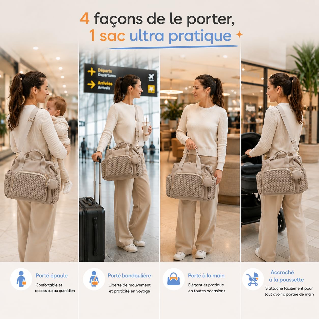 Sac à Dos à Langer pour Bébé,Sac de Voyage, Grande Capacité Sac à Couches Multifonction Imperméable,2 Sangles de Poussette,pour Biberon Sac à Dos, Beige