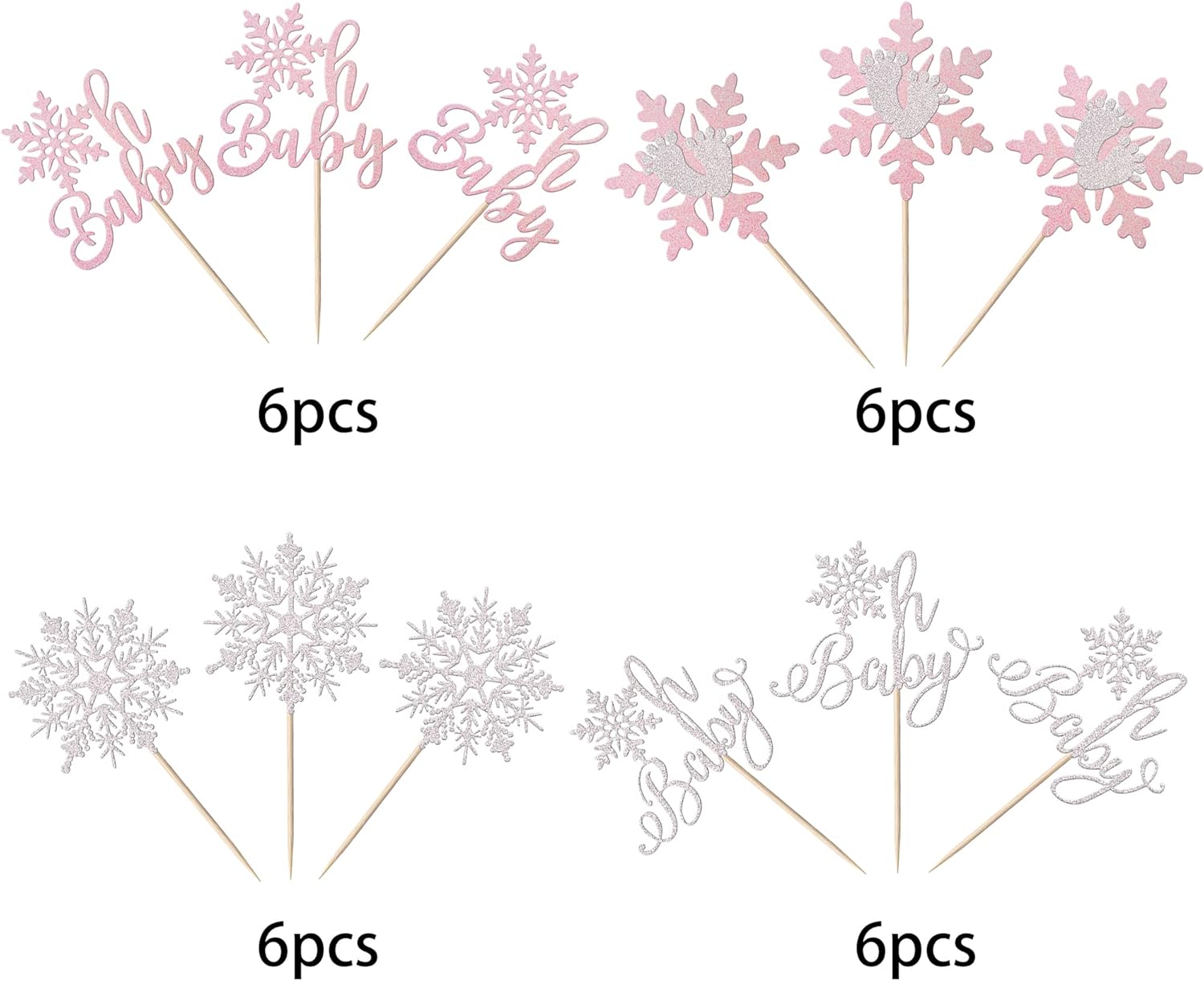 24 Pack Snowflake Cupcake Toppers Glitter Winter Oh Baby Cupcake Picks Winter Frozen Cake Decorations Snowflake Christmas Baby Shower Kids Birthday Party Supplies Pink - Image 3