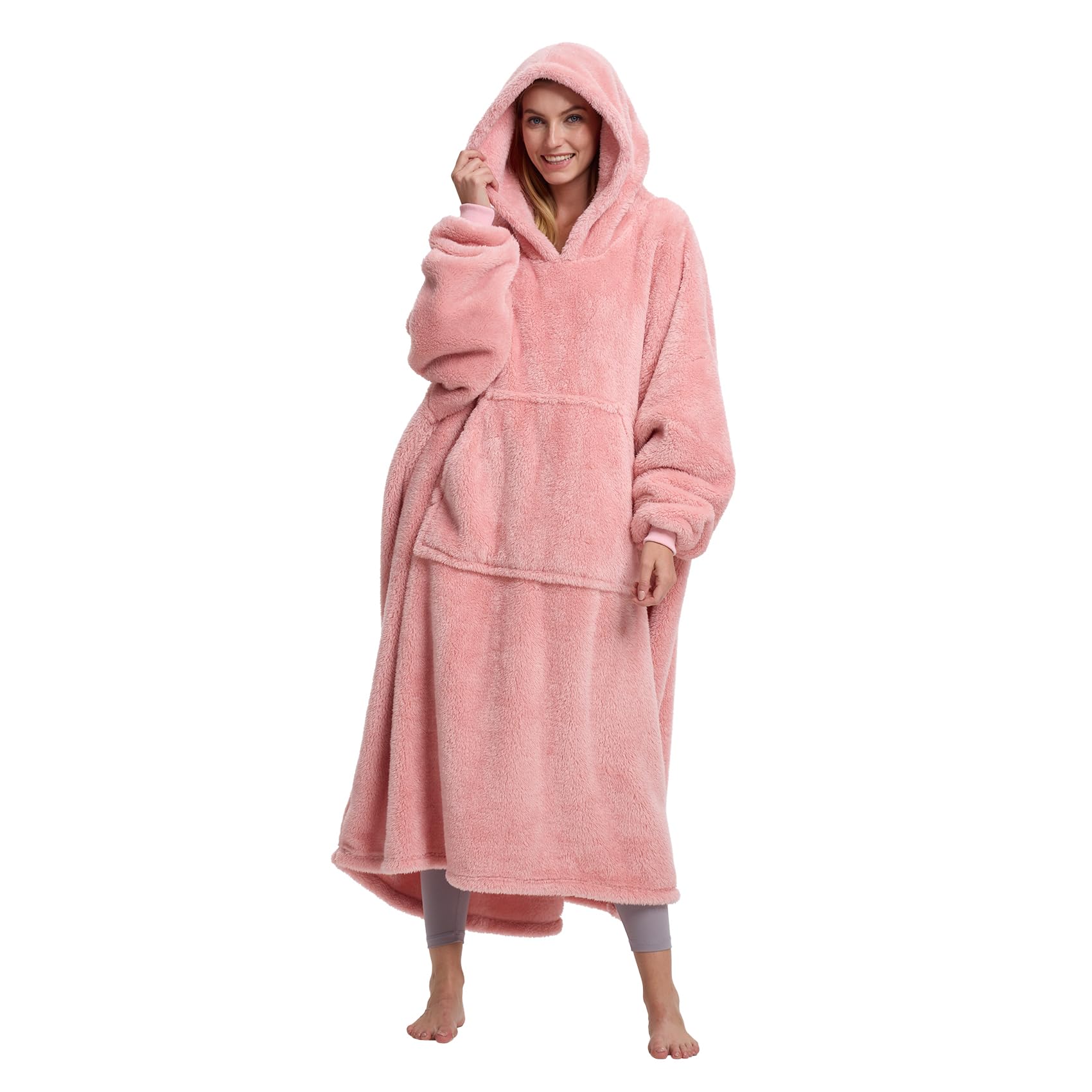 HORIMOTE HOME Oversized Long Wearable Hoodie Blanket for Women Cuddly Sherpa Snuggle Blanket Hoody Gift for Adults Men Teenager, Super Warm and Soft,Baby Pink