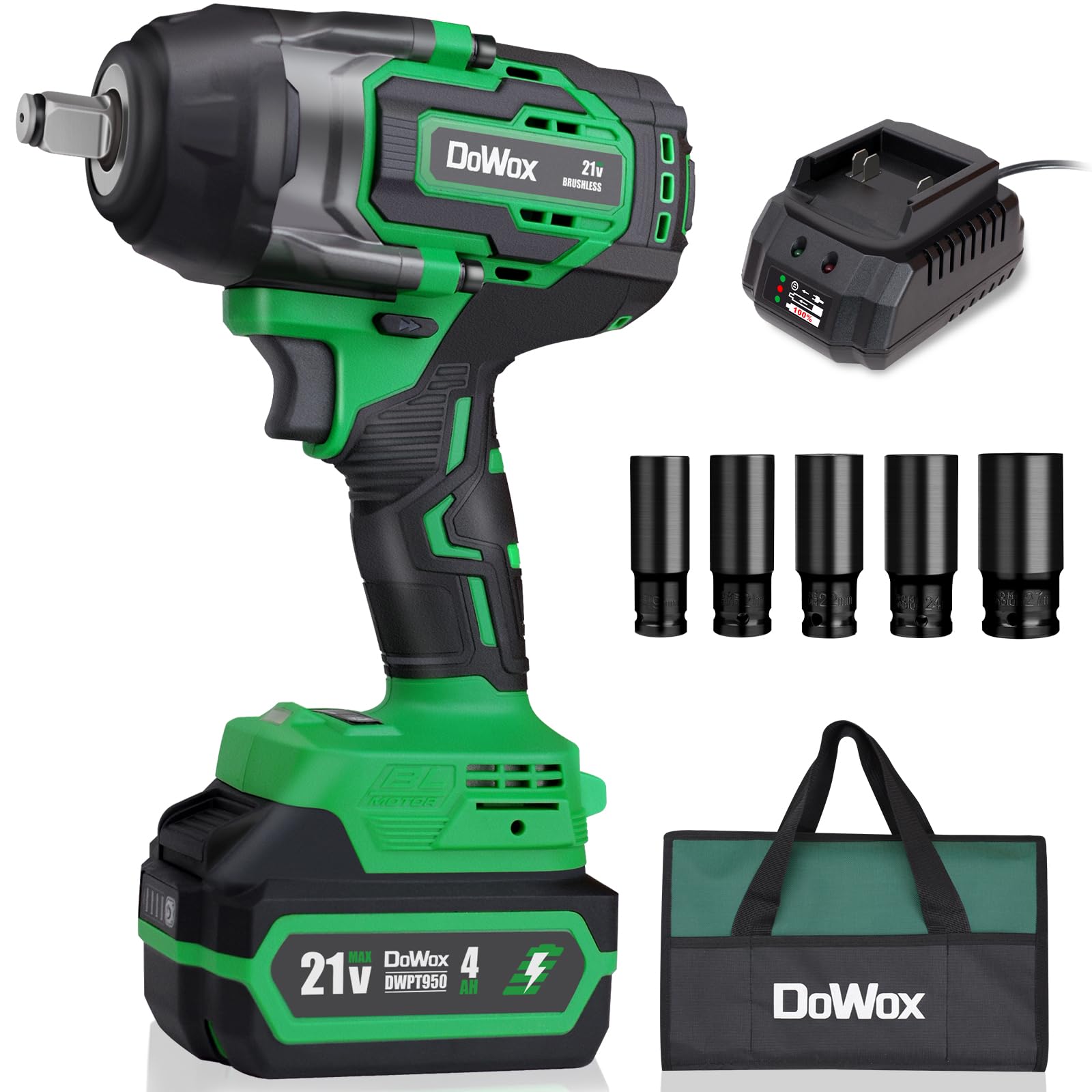 DOWOX 1/2 inch High Torque Cordless Impact Wrench, 700 Ft-lb Power Electric Impact Gun, with 2-Hour Fast Charger, 21V 4.0Ah Battery, 1 Tool Bag, 5