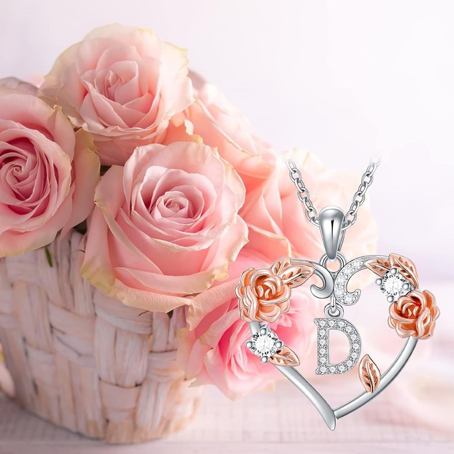 AOBOCO Rose Heart Necklaces Christmas Gifts for Women, 925 Sterling Silver Rose Love Heart Initial Letter Pendant Necklace Jewelry Mothers Day Lover Birthday Gifts for Her Mom Wife Girlfriend - Image 4