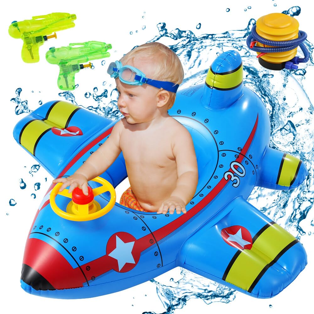 Flotador Bebe, TGKYK 95 * 100CM Colchoneta Piscina Bebe, Avión Hinchable Flotador Asiento con 2 Pistolas de Agua y 1 Bomba, Barco Flotador Niños en Verano para Niños de 1 a 5 Años