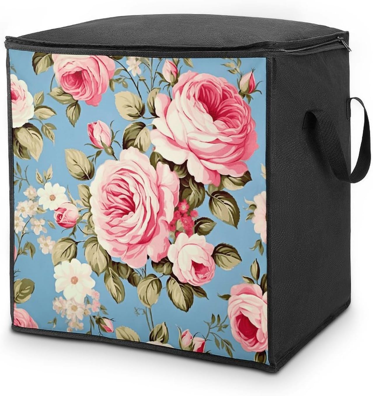 Portable Quilt Storage Bag,Vintage Rose Blue Printed Foldable Wardrobe Storage Box Foldable Storage Bag with Lids And Handle Large Clothing Storage Bag for Comforters Clothes Blankets Pillows