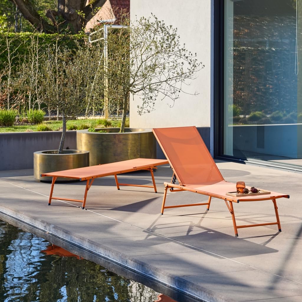 Alice's Garden sweeek - Lot de 2 Bains de Soleil Acier textilène inclinable 4 Positions Tropea Orange. 165 x 54.5 x 82.5 cm