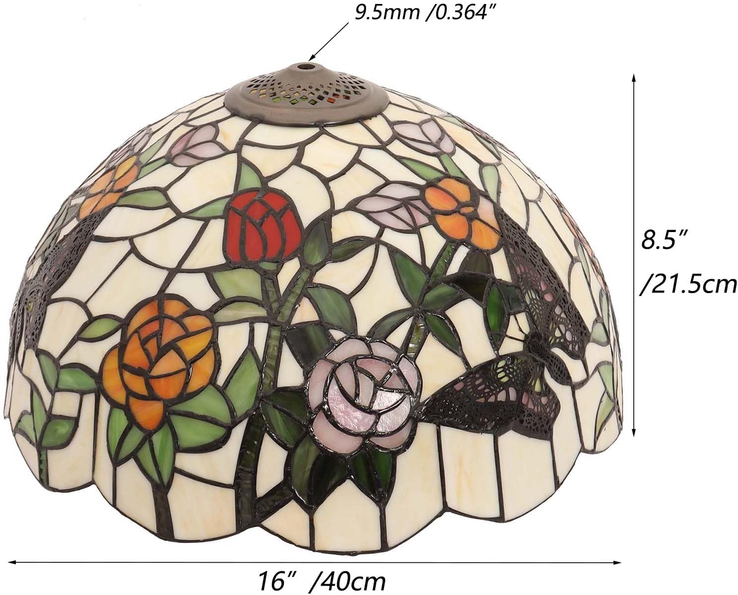 Bieye S11408 Tiffany-Style Stained Glass Butterfly Flowers Lampshade, 16" W x 8.5" H