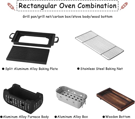 Hibachi Grill, Japanese BBQ Grill Portable Japanese Charcoal Grill Barbecue Stove Barbecue Stove with Wooden Base for Home Party (Size 24X12.5cm)