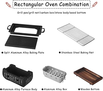 Hibachi Grill, Japanese BBQ Grill Portable Japanese Charcoal Grill Barbecue Stove Barbecue Stove with Wooden Base for Home Party (Size 24X12.5cm)
