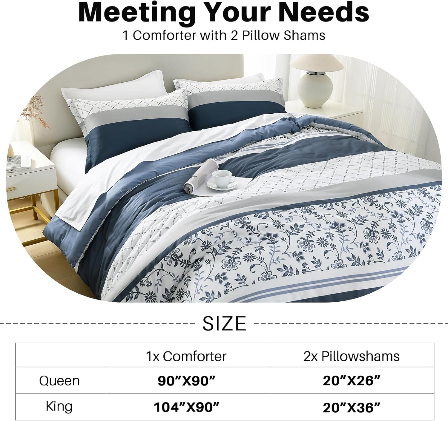 Quilta Navy Comforter Set Queen Size - Boho Blue Striped Comforter Bedding Set, Floral Pattern Soft Duvet Insert, Skin Friendly Reversible Comforters with 2 Pillowshams, Navy/Gray/White