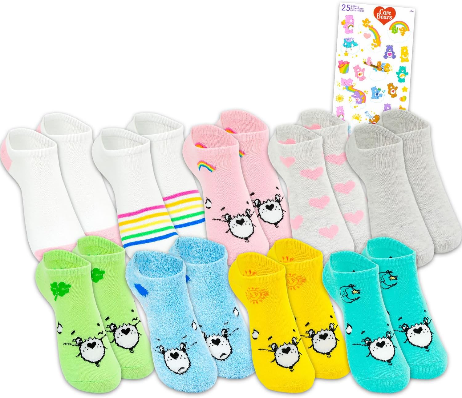 Care Bears Socks for Women Set - Bundle with 9 Pairs of No Show Socks Size 4-10 Plus Stickers for Women, Teens | Care Bears Apparel Set