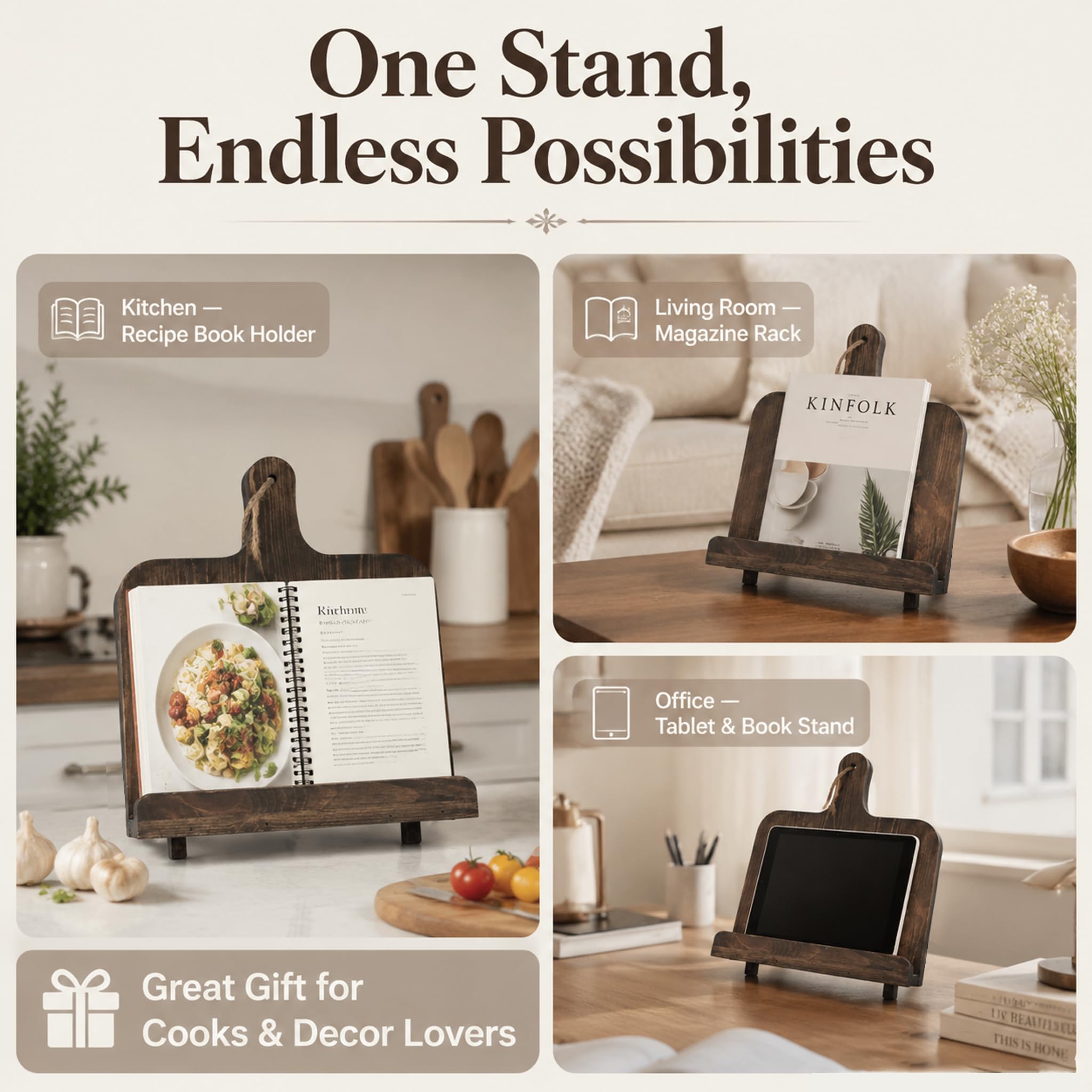 Supporto per libri di cucina in legno massello, 40,6 cm, adatto per iPad e